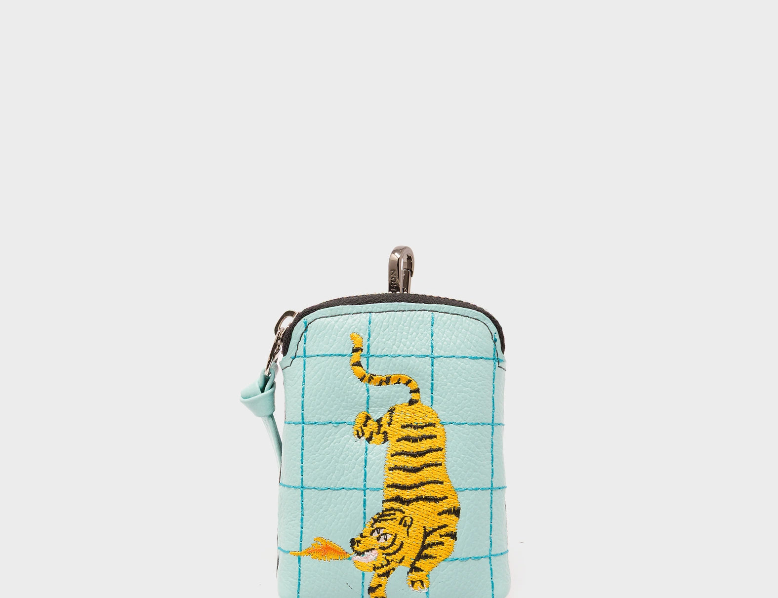 Florence Pouch Charm - Eggshell Blue Leather Keychain Retro Tiger Embroidery - Front