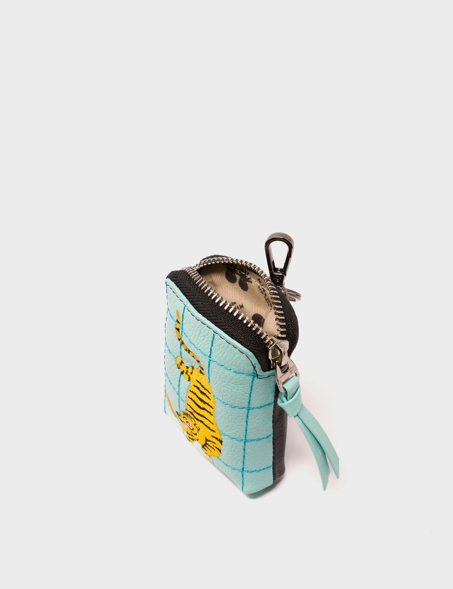 Florence Pouch Charm - Eggshell Blue Leather Keychain Retro Tiger Embroidery - Open