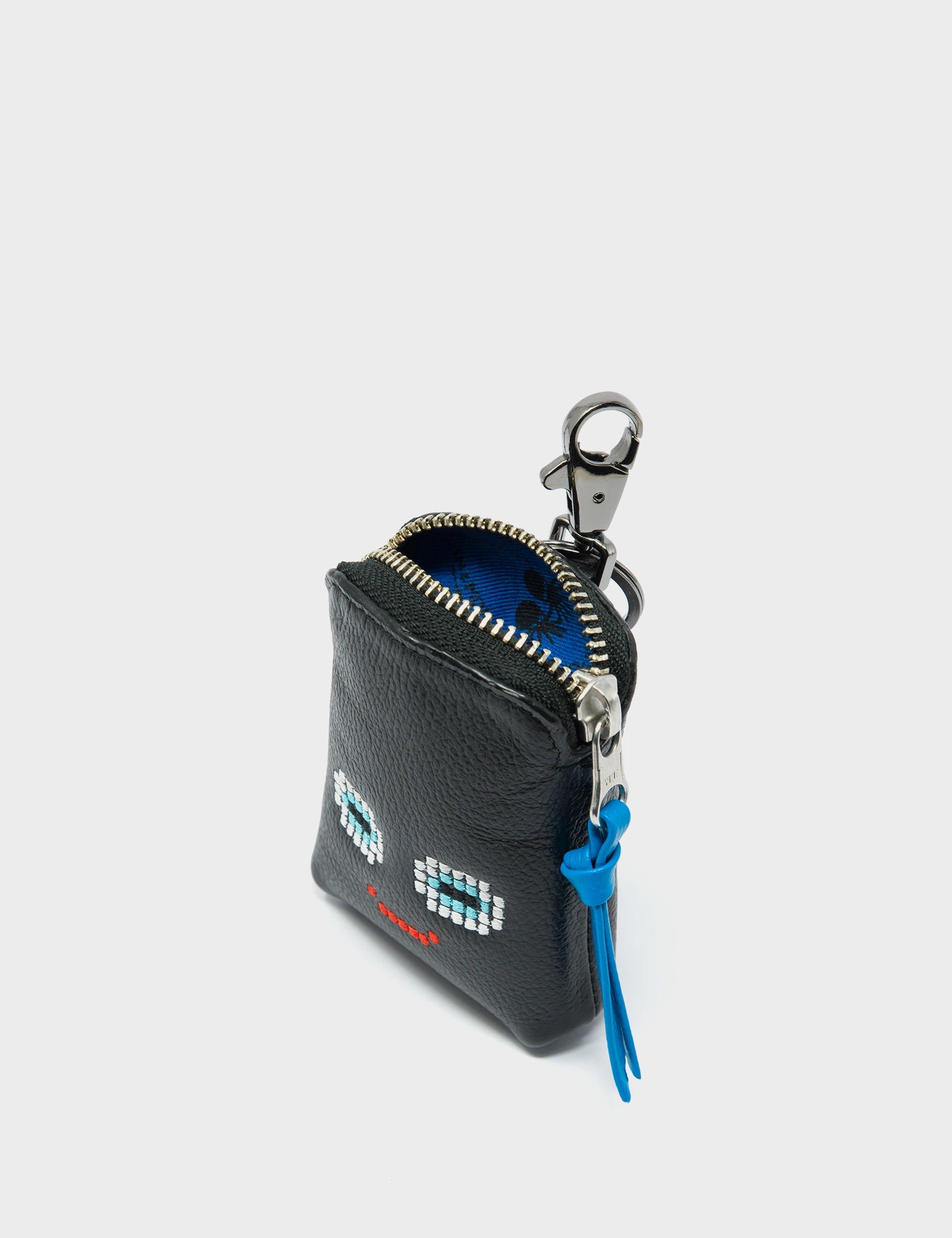 Florence Pouch Charm - Black Leather Keychain Happy Face Embroidery - Detail View