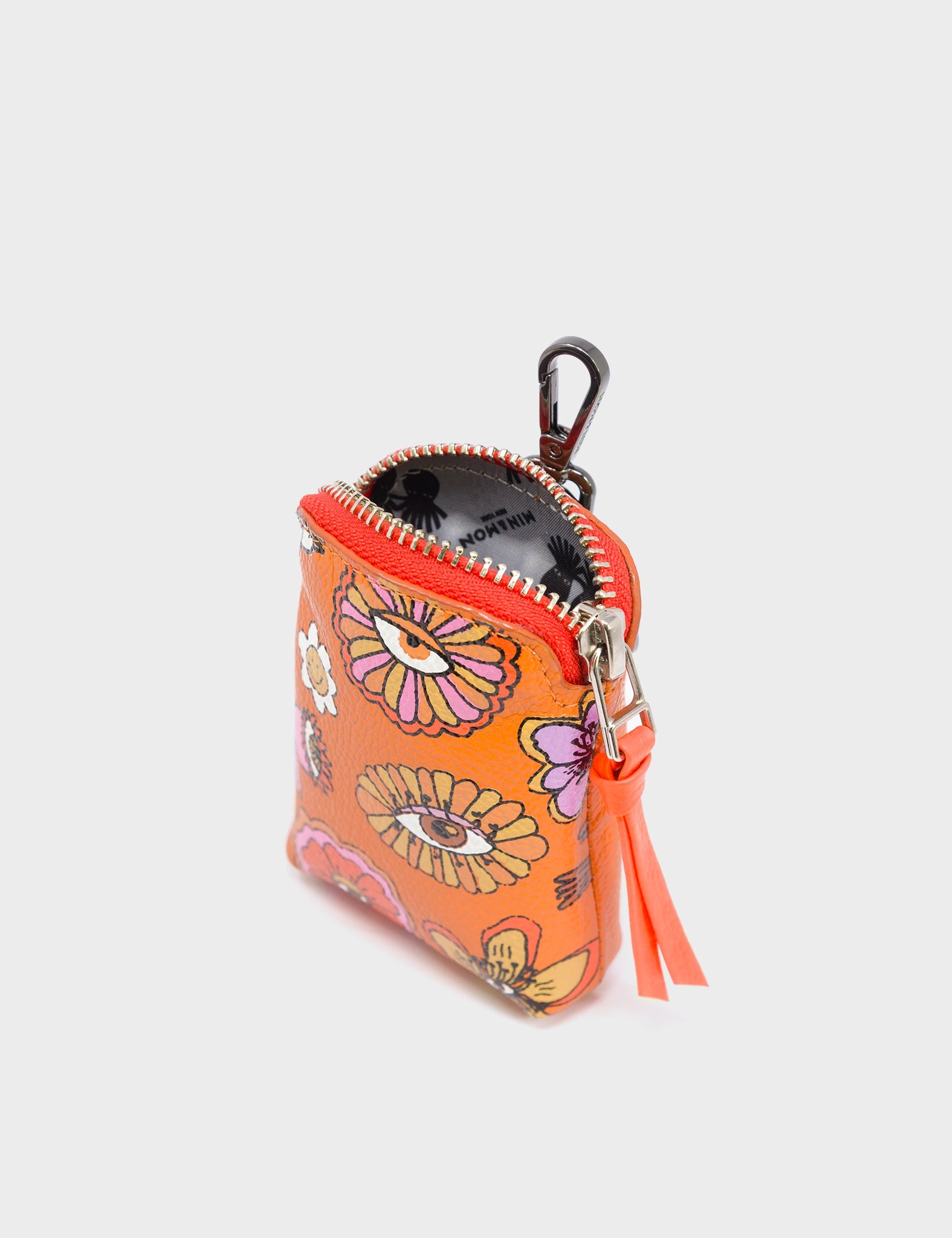 Florence Pouch Charm  - Ocher Leather Keychain Vintage Bloom Print - Detail View