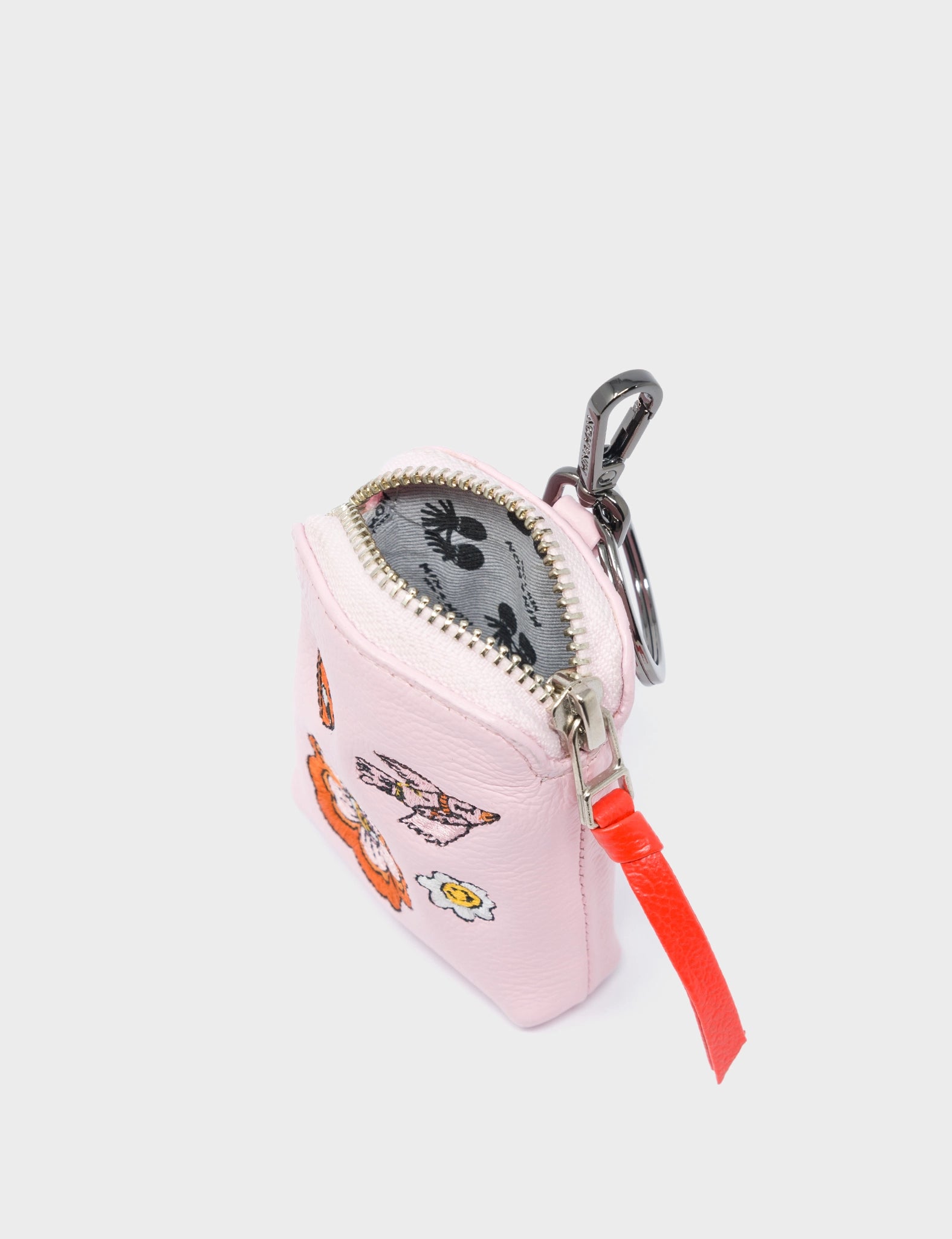 Florence Pouch Charm - Parfait Pink Leather Keychain Vintage Bloom Embroidery - Side View