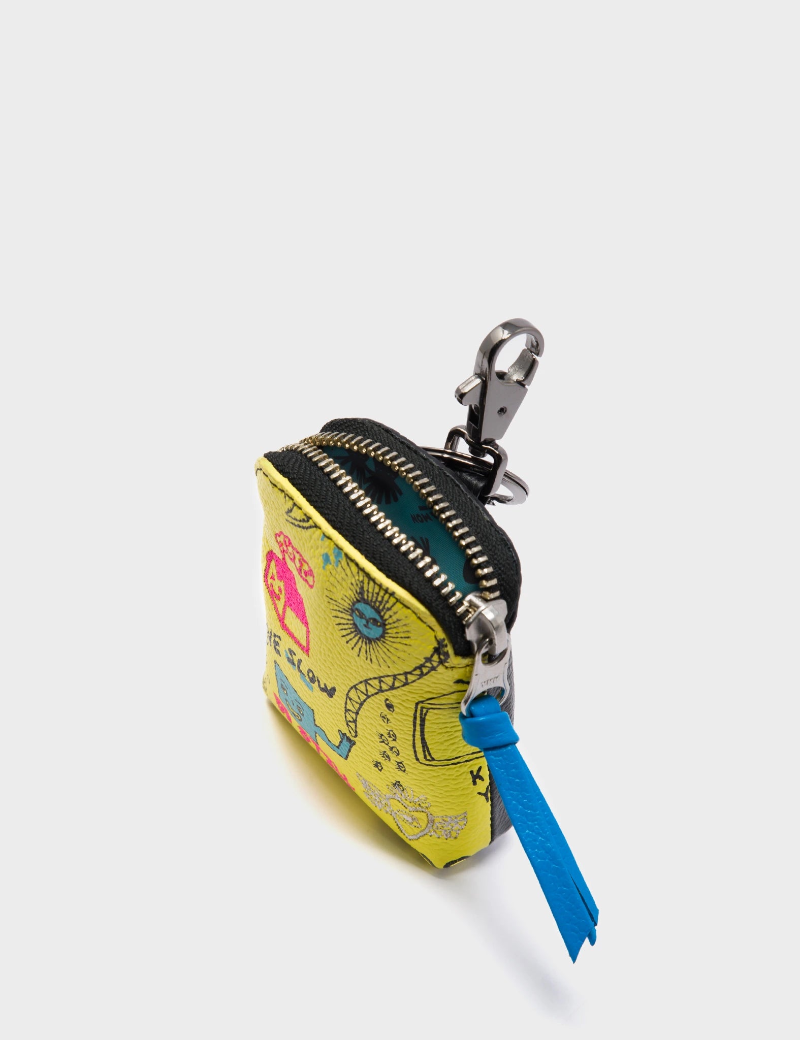 Florence Pouch Charm  - Light Yellow Leather Keychain Urban Doodles Design - Detail View