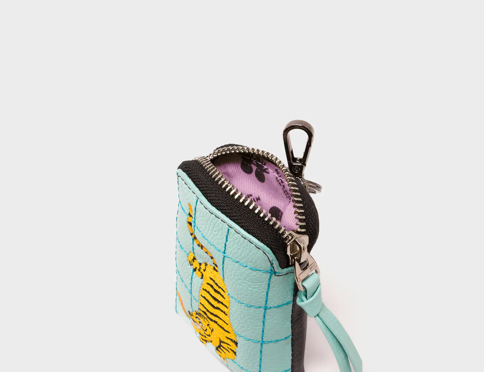 Florence Pouch Charm - Eggshell Blue Leather Keychain Retro Tiger Embroidery - Open View
