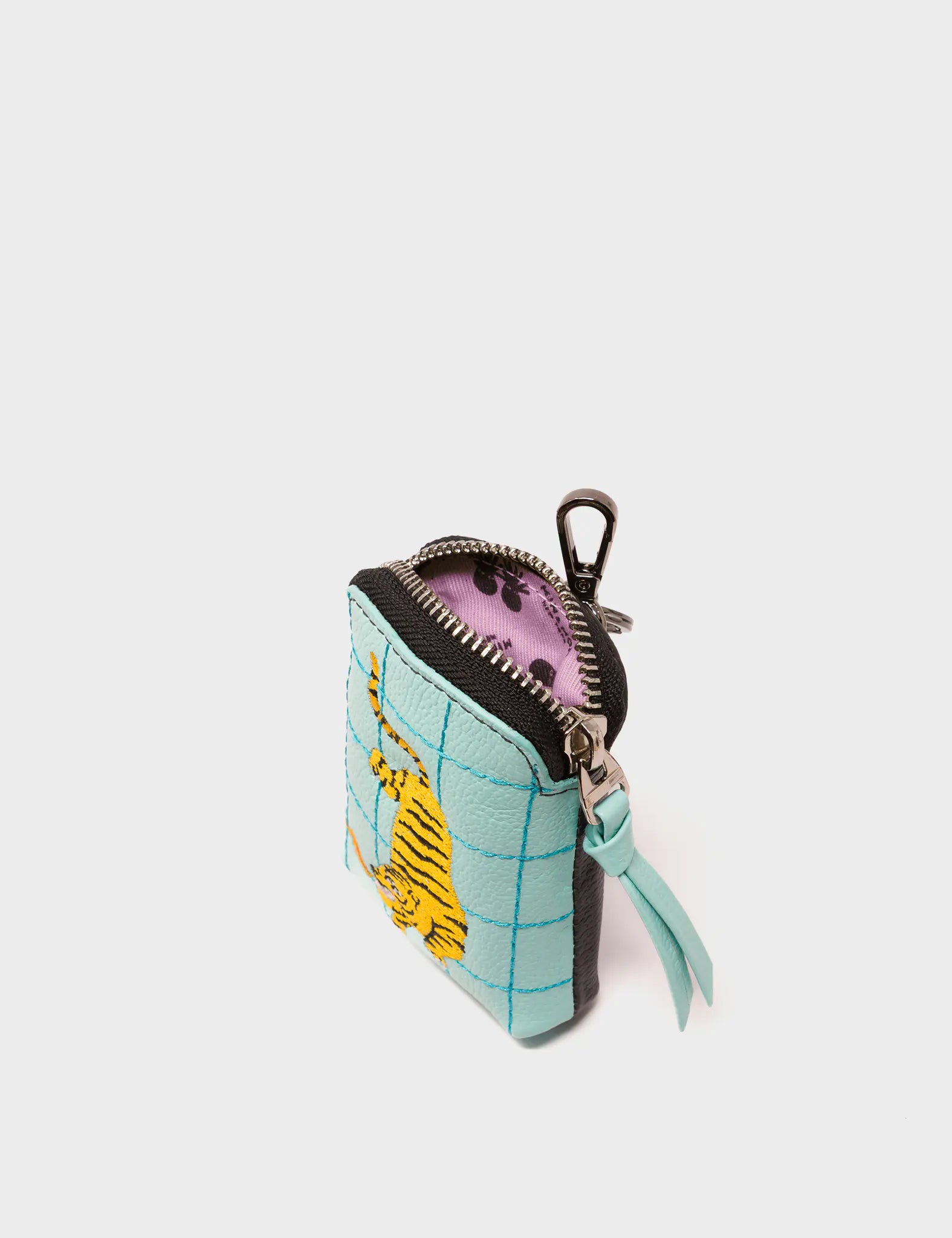 Florence Pouch Charm - Eggshell Blue Leather Keychain Retro Tiger Embroidery - Open View