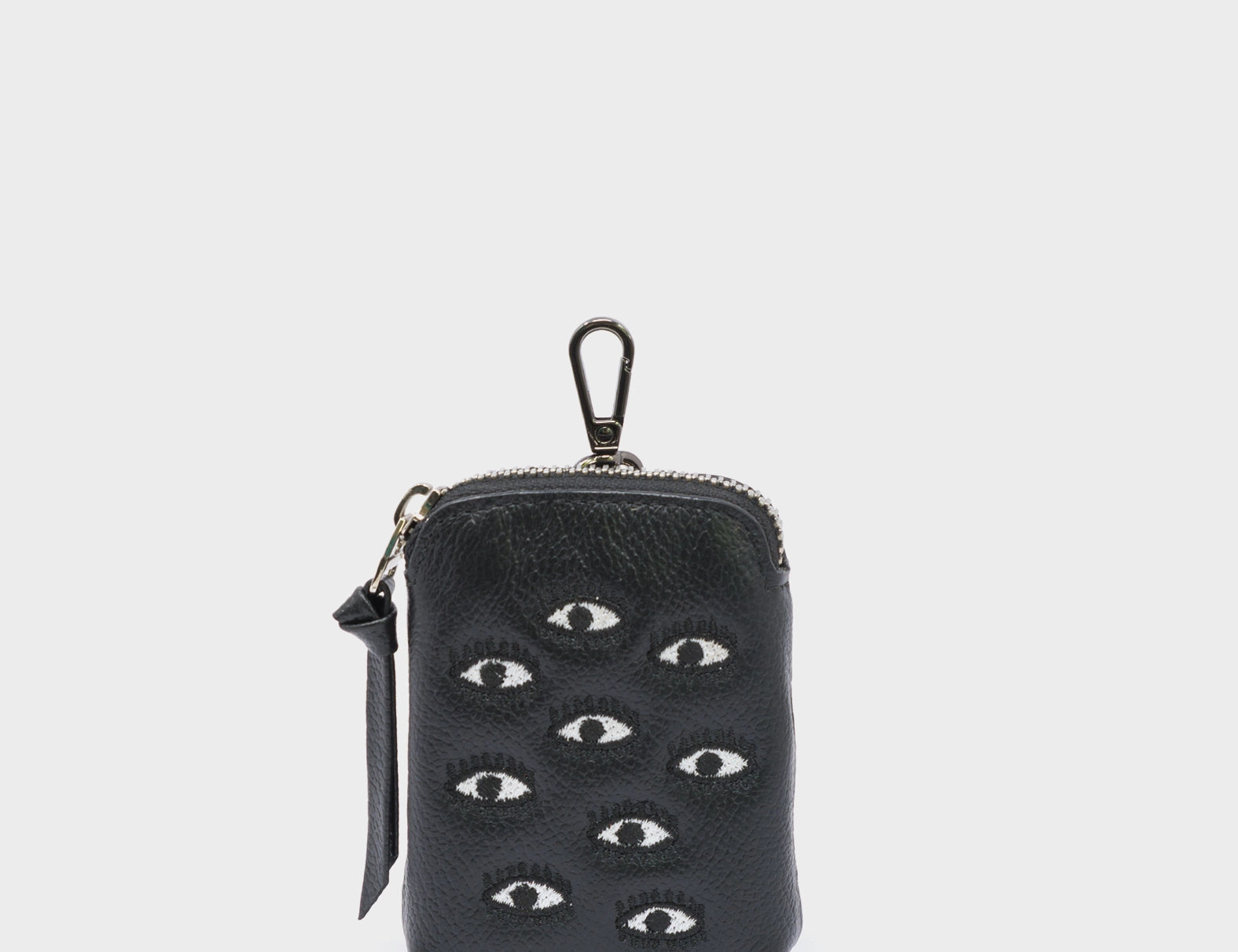 Florence Pouch Charm  - Black Leather Keychain Eyes Embroidery - Main View