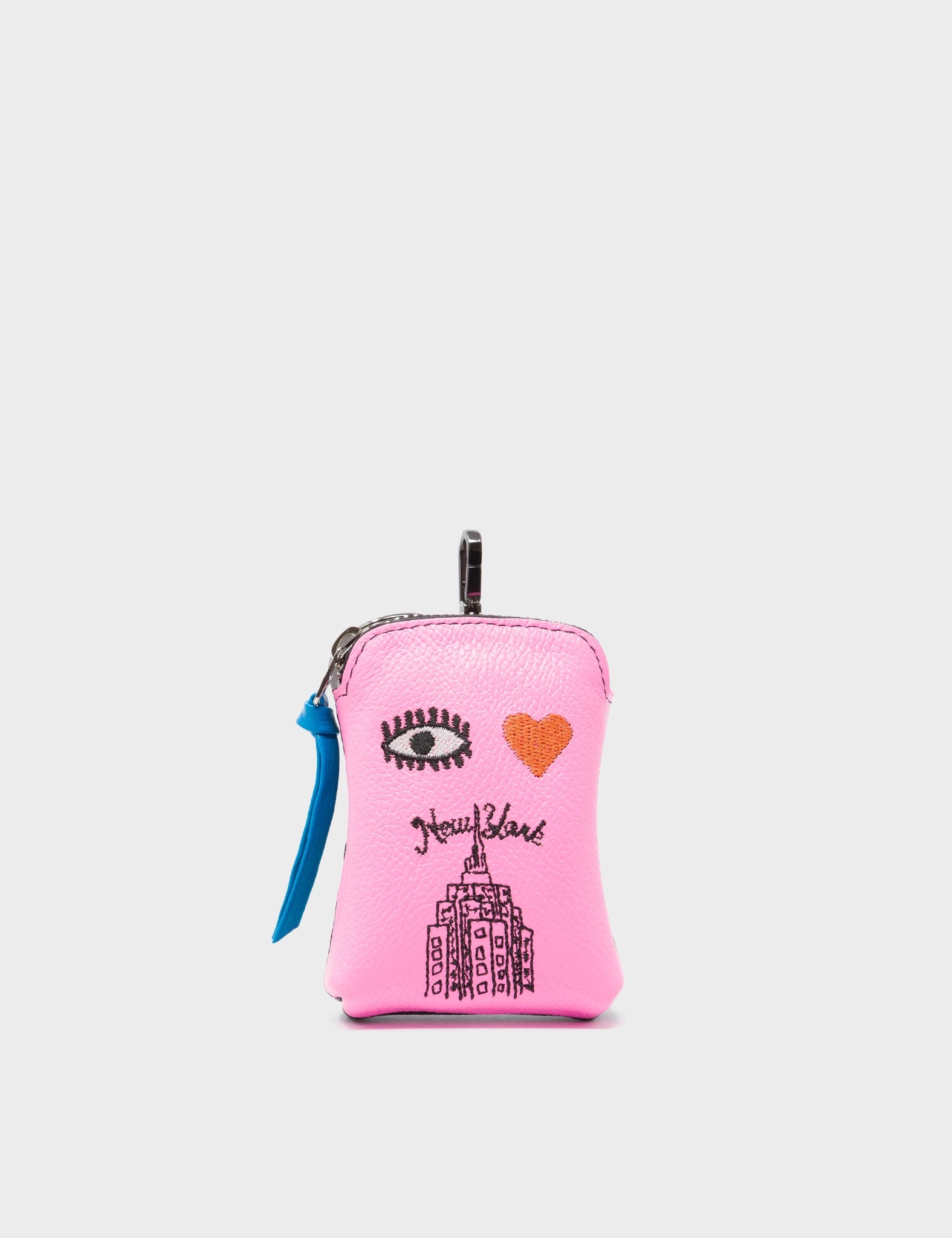 Florence Pouch Charm - Bubblegum Pink Leather Keychain I Love NY Embroidery - Front View