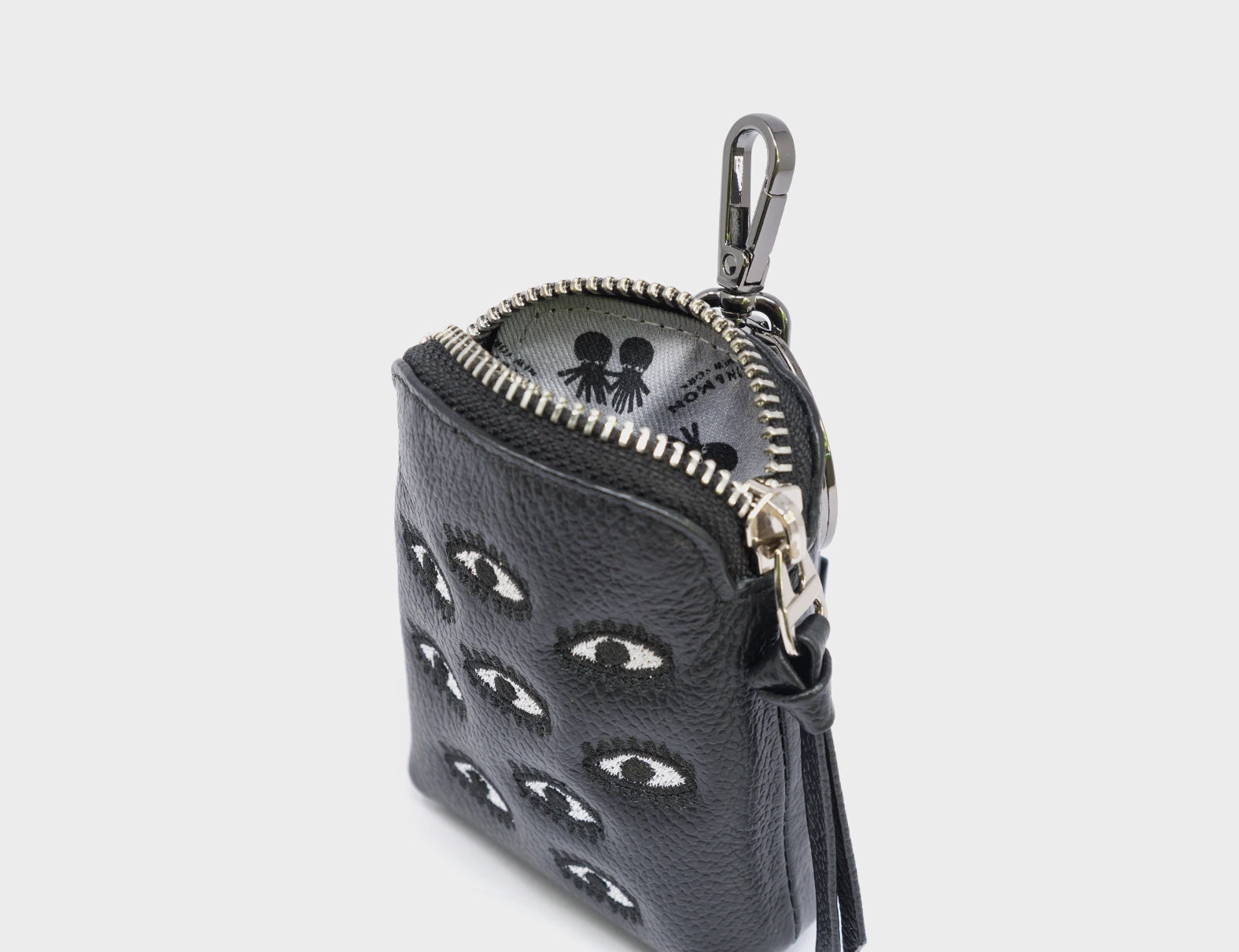 Florence Pouch Charm  - Black Leather Keychain Eyes Embroidery - Detail View