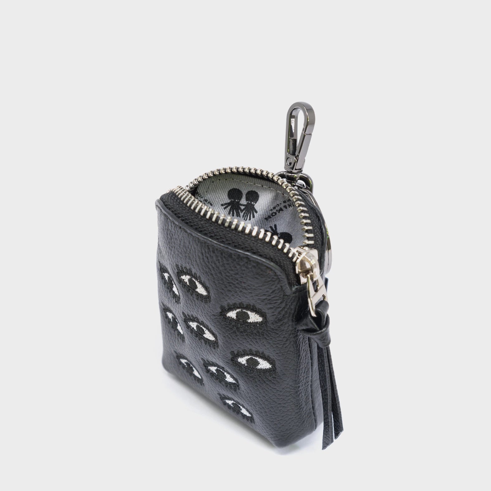 Florence Pouch Charm  - Black Leather Keychain Eyes Embroidery - Detail View