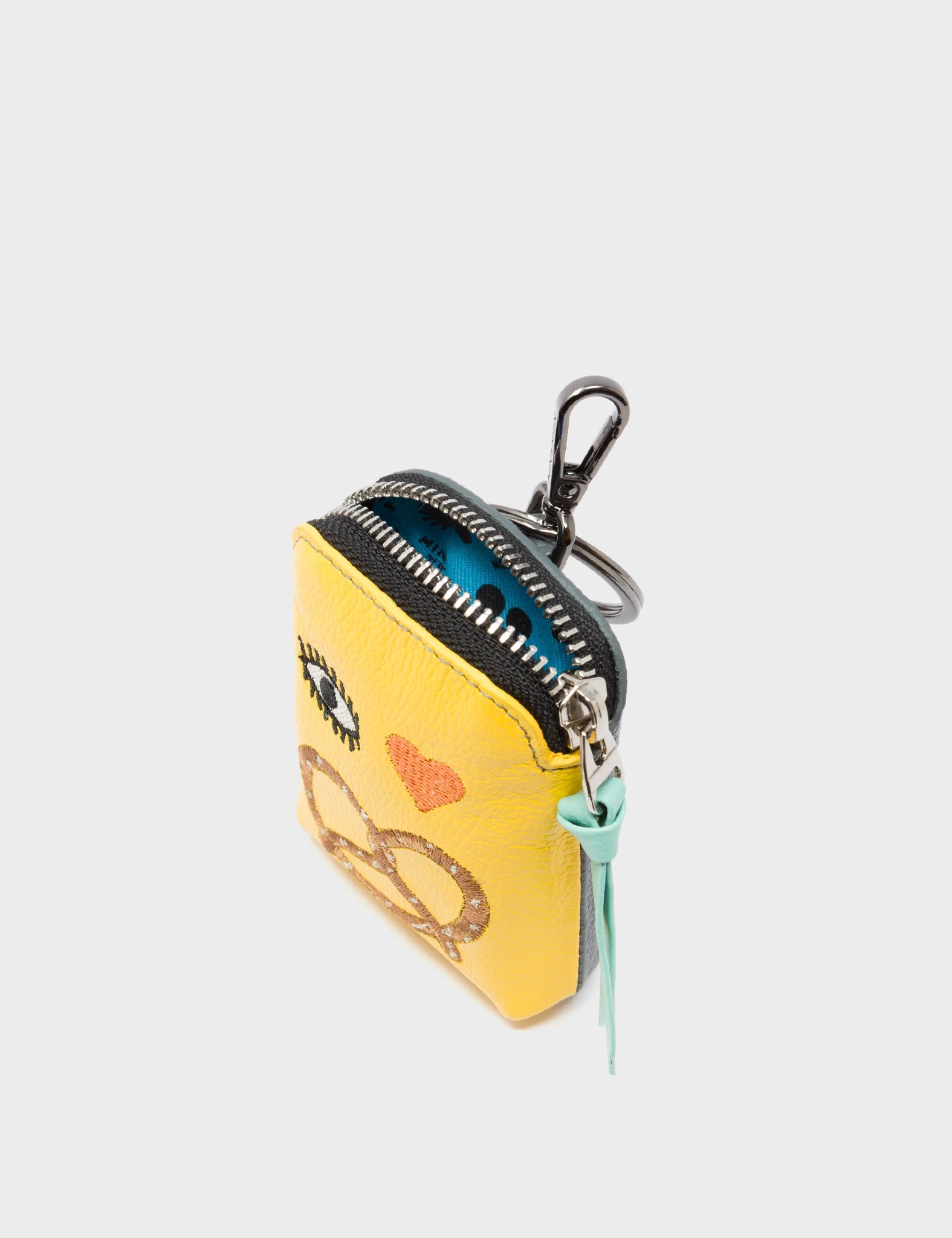 Florence Pouch Charm - Balloon Yellow Leather Keychain I Love NYC Embroidery - Open View