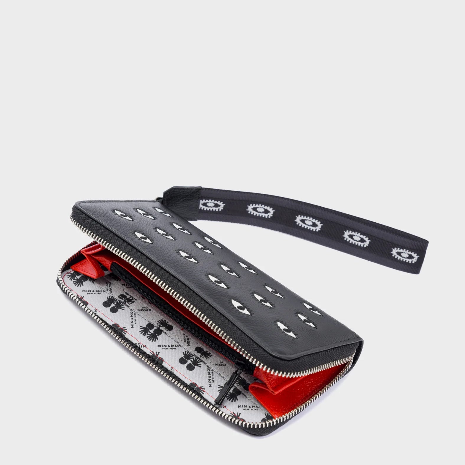 Francis Black Leather Wallet - All Over Eyes Embroidery - Open View