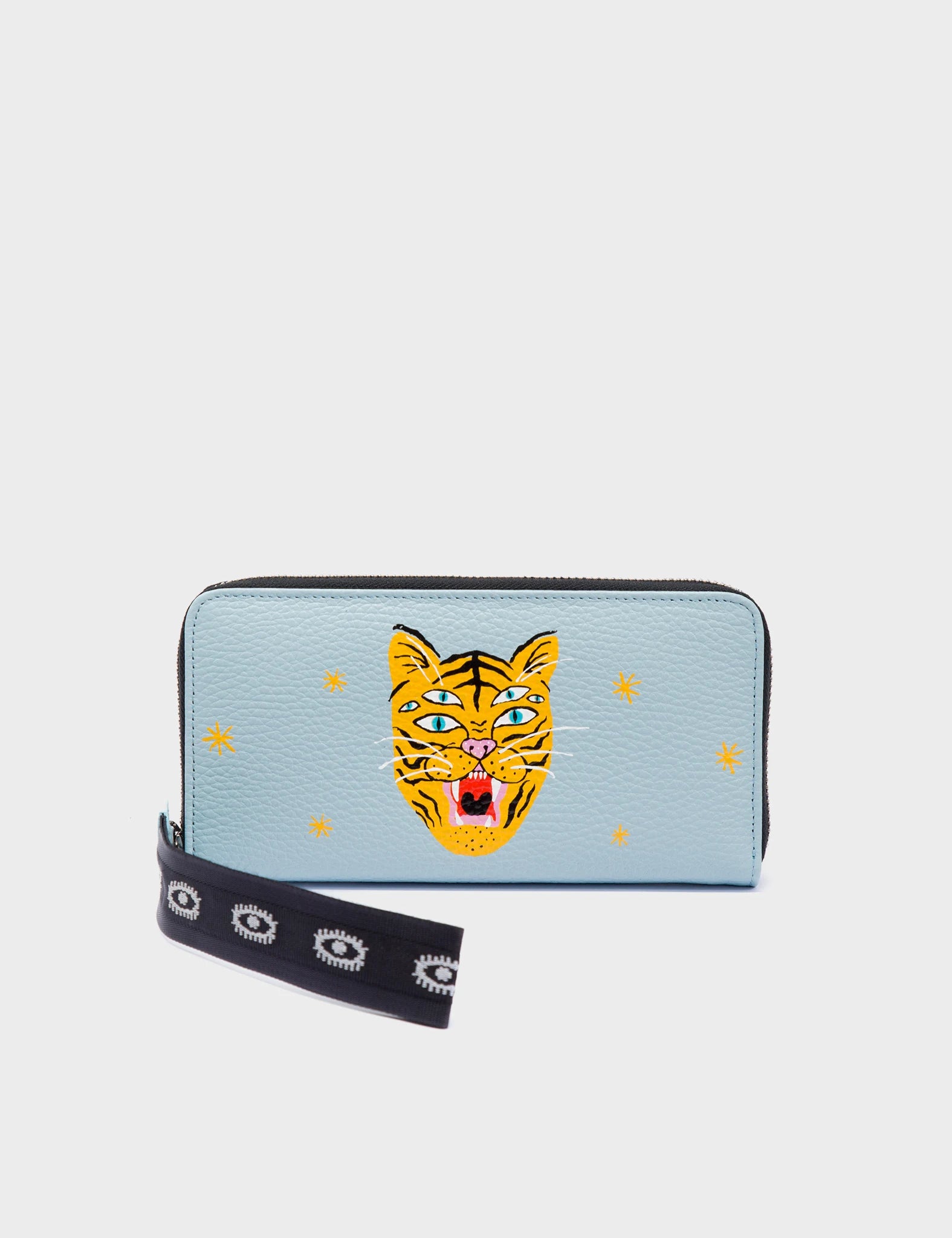 Francis Omphalodes Blue Leather Wallet - Happy Tiger Print - Front View