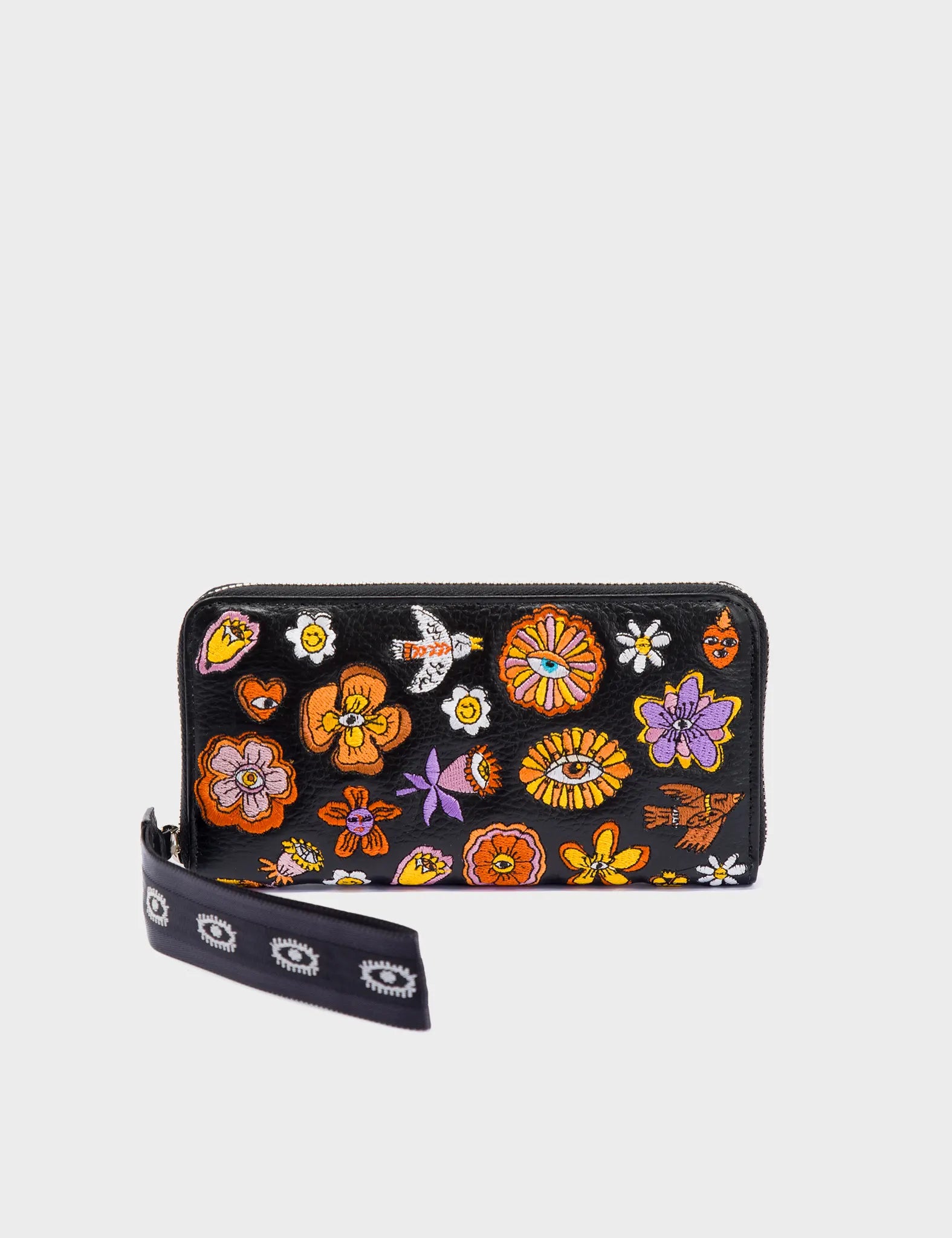 Francis Black Leather Wallet - Vintage Bloom Embroidery - Front View