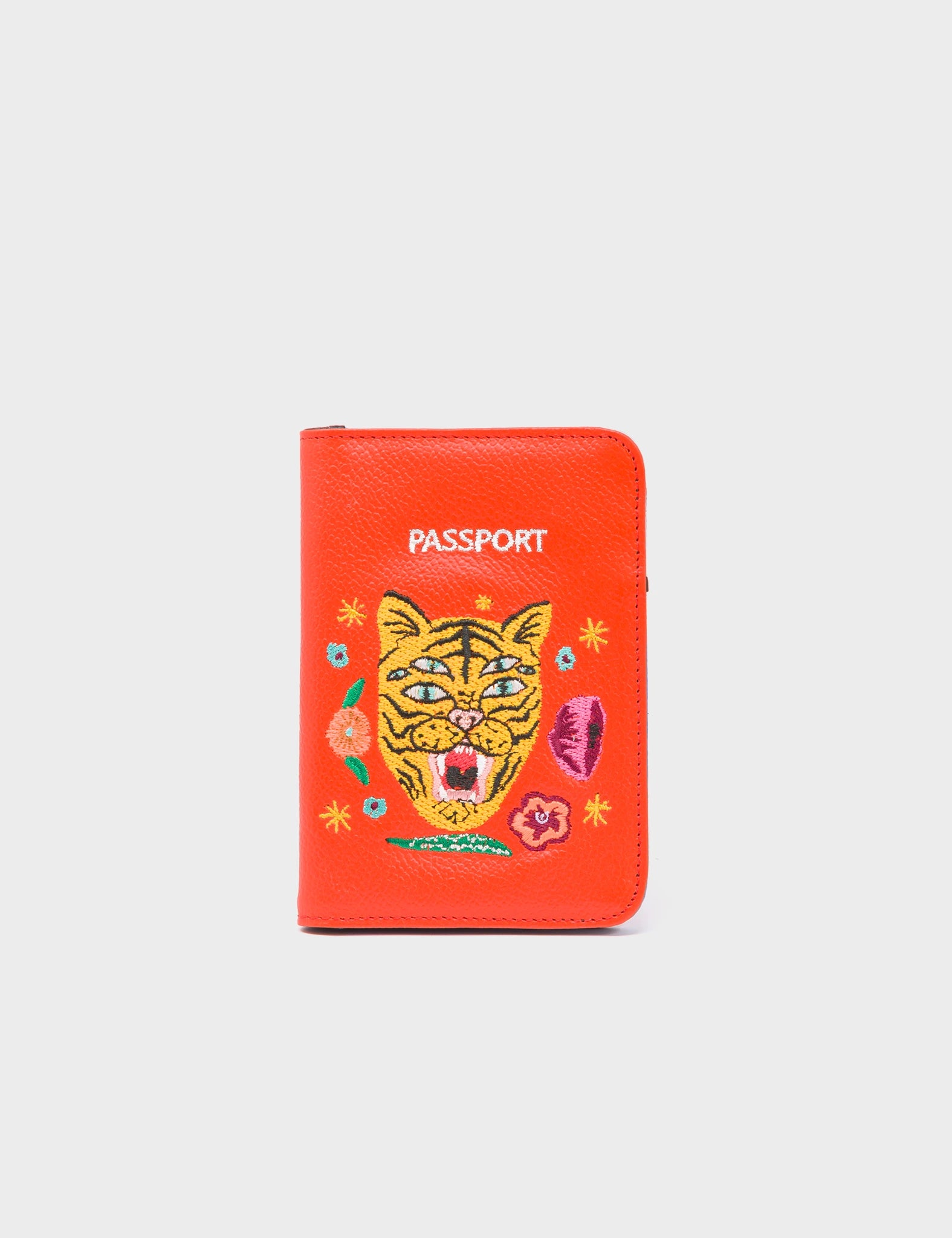 Frida Fiesta Red Leather Passport Cover - Tiger and Flowers Embroidery - Front View