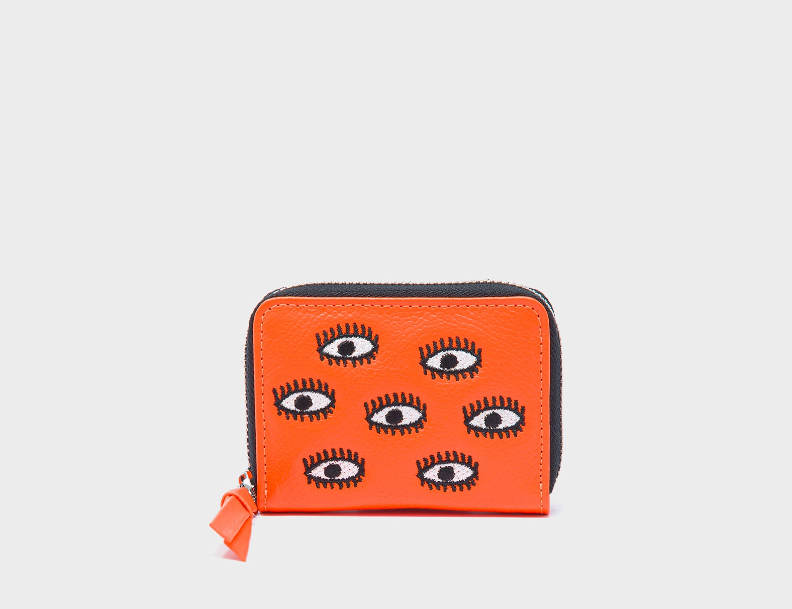Frodo Neon Orange Leather Zip Around Wallet - All Over Eyes Embroidery - Front View