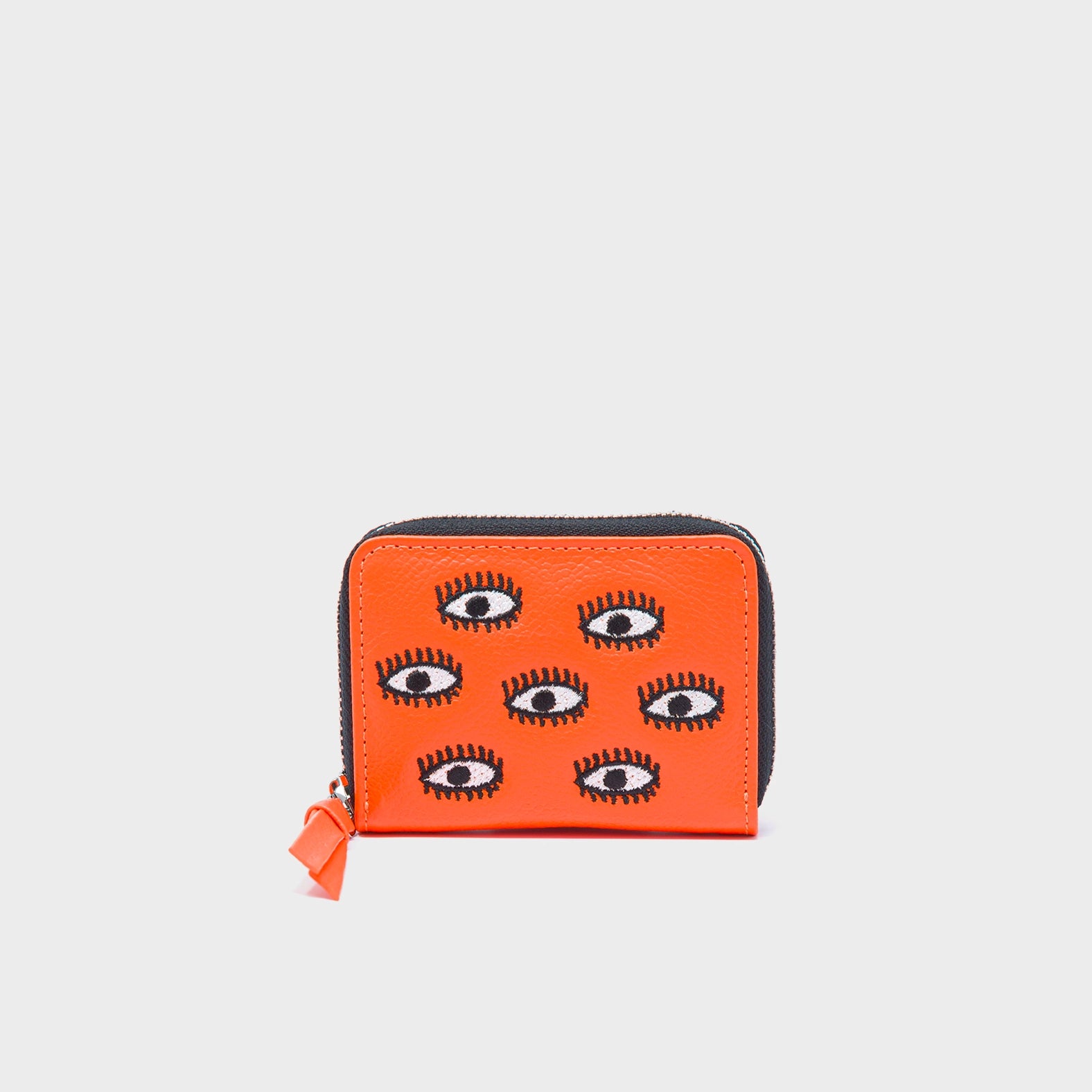 Frodo Neon Orange Leather Zip Around Wallet - All Over Eyes Embroidery - Front View