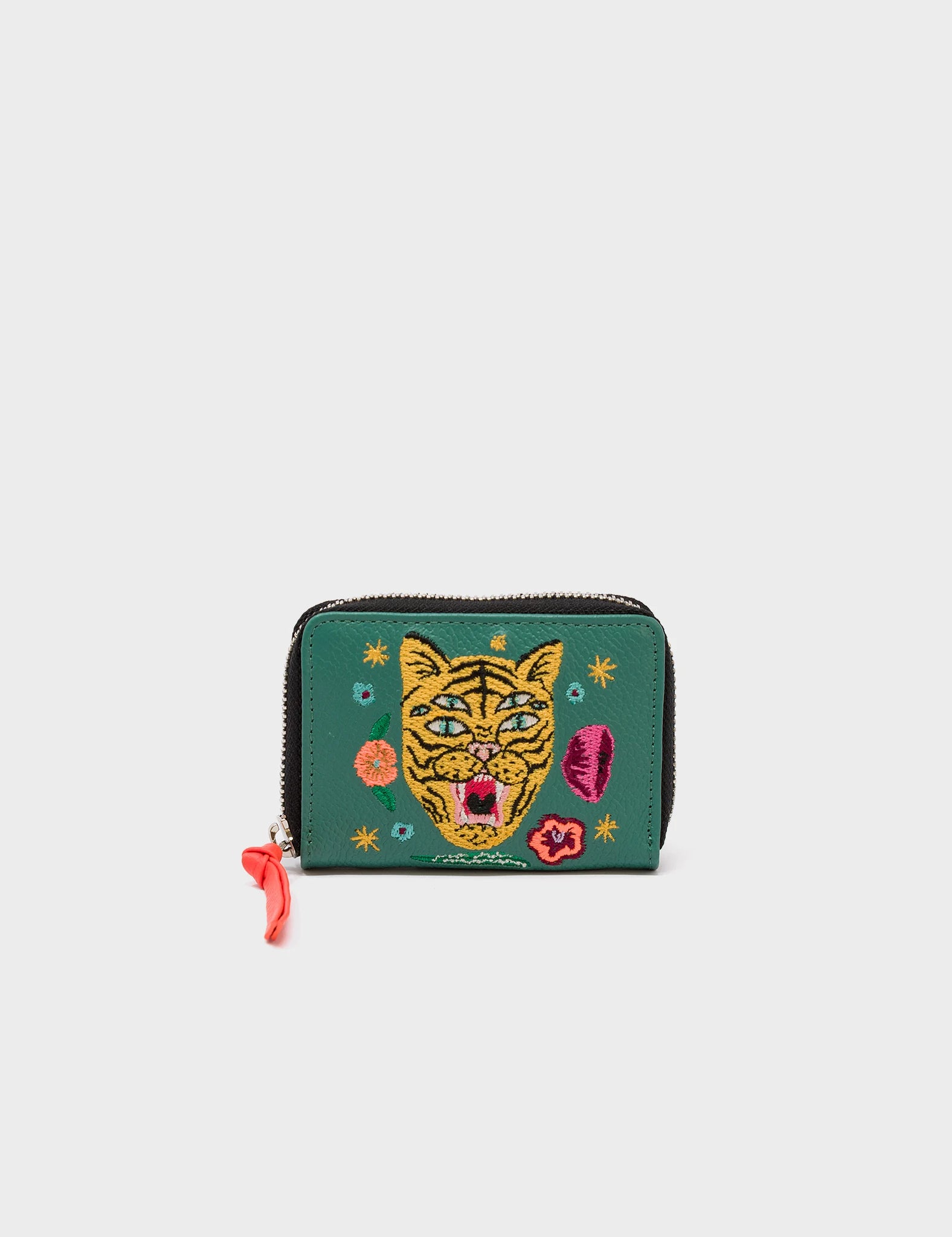 Frodo Deep Sea Green Leather Zip Around Wallet - Tiger and Flowers Embroidery - Front View