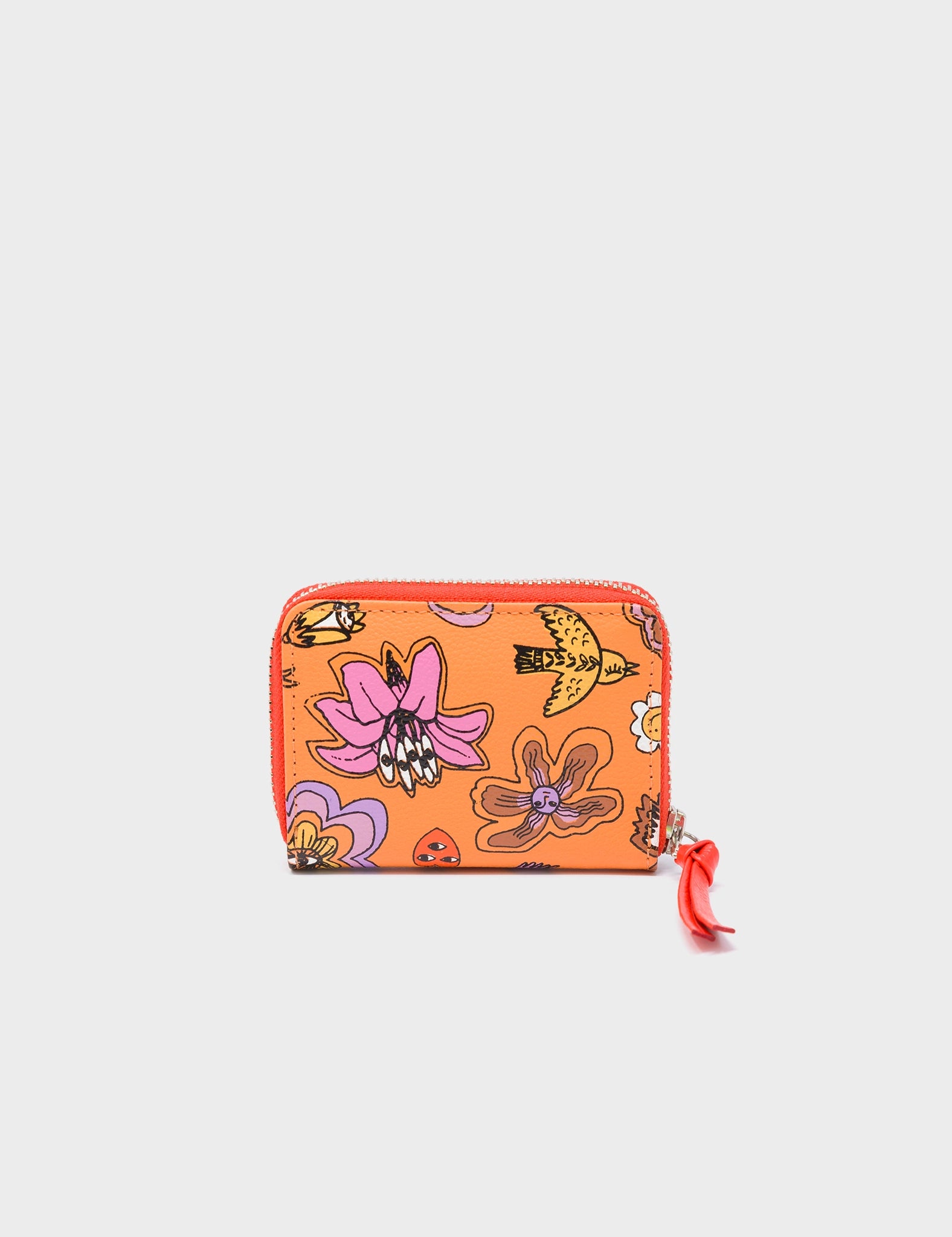 Frodo Blazing Orange Leather Zip Around Wallet - Vintage Bloom Print - Back View