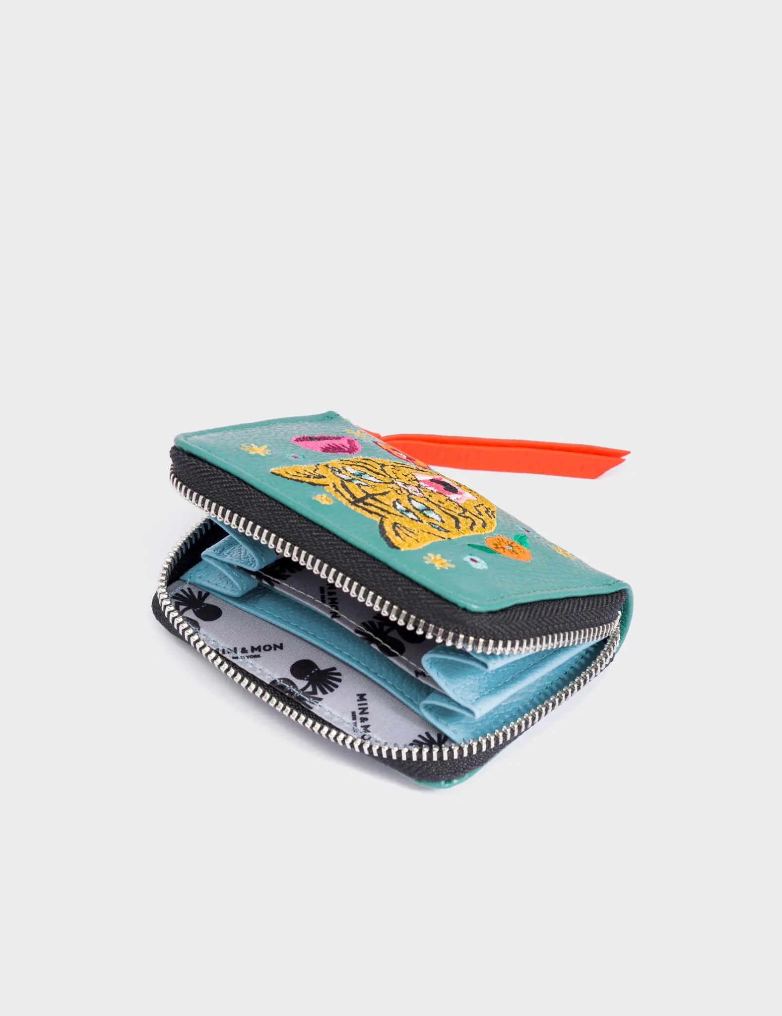 Frodo Deep Sea Green Leather Zip Around Wallet - Tiger and Flowers Embroidery - open