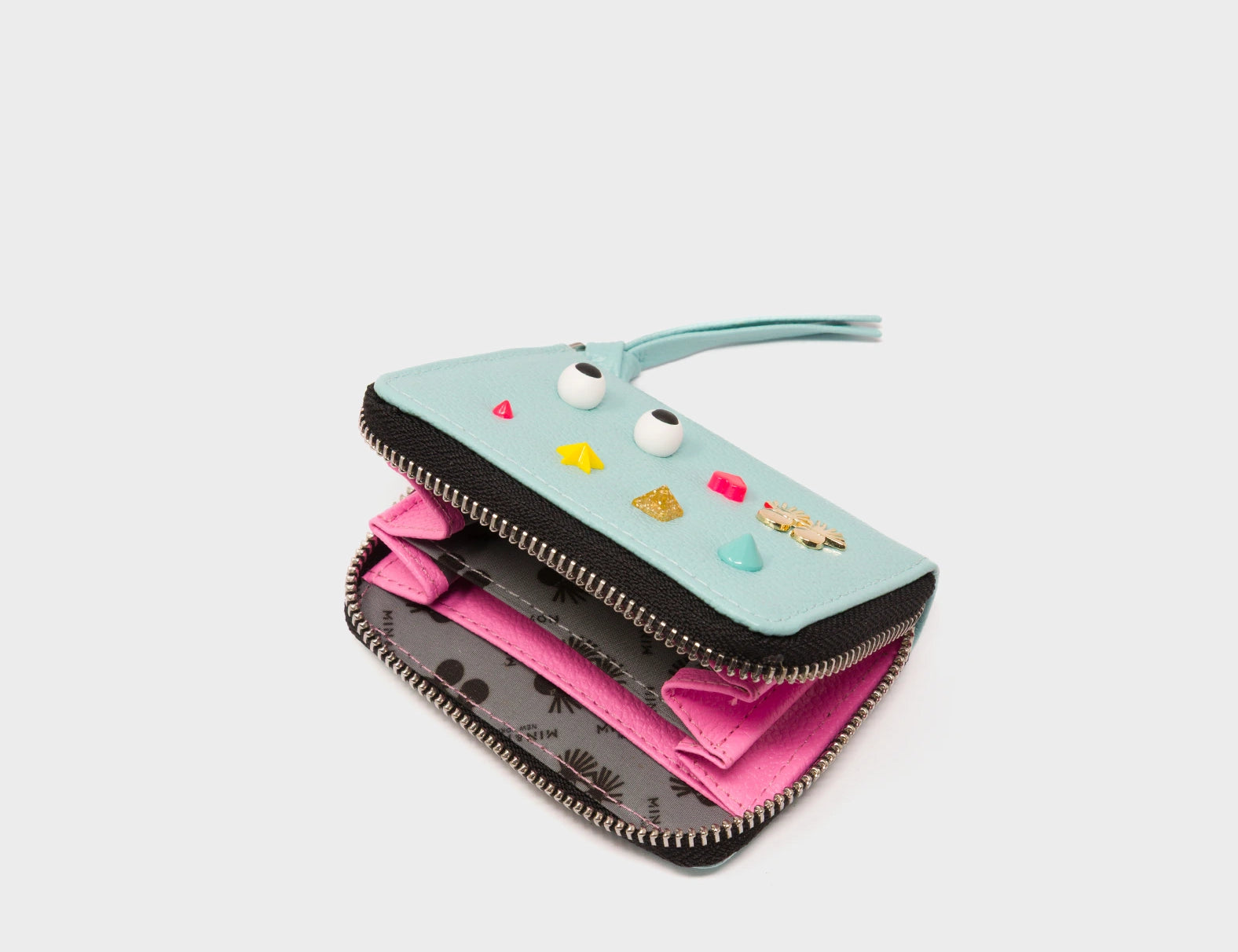 Frodo Eggshell Blue Leather Zip Around Wallet - Studs Pattern - Open
