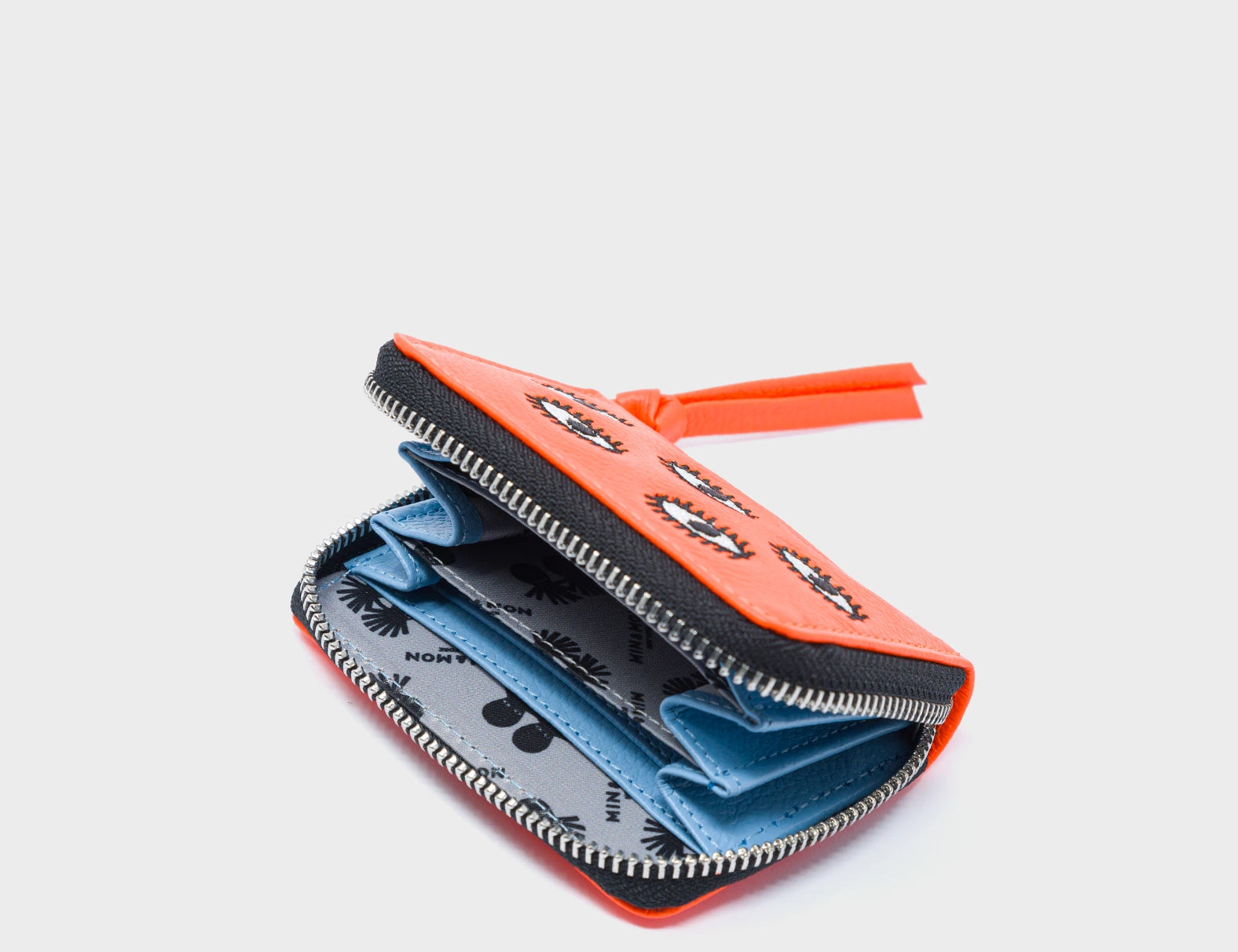Frodo Neon Orange Leather Zip Around Wallet - All Over Eyes Embroidery - Open View