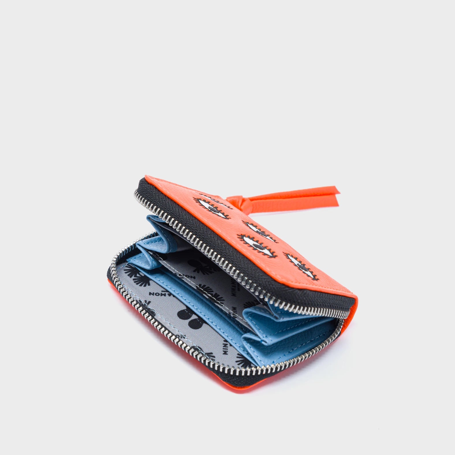 Frodo Neon Orange Leather Zip Around Wallet - All Over Eyes Embroidery - Open View