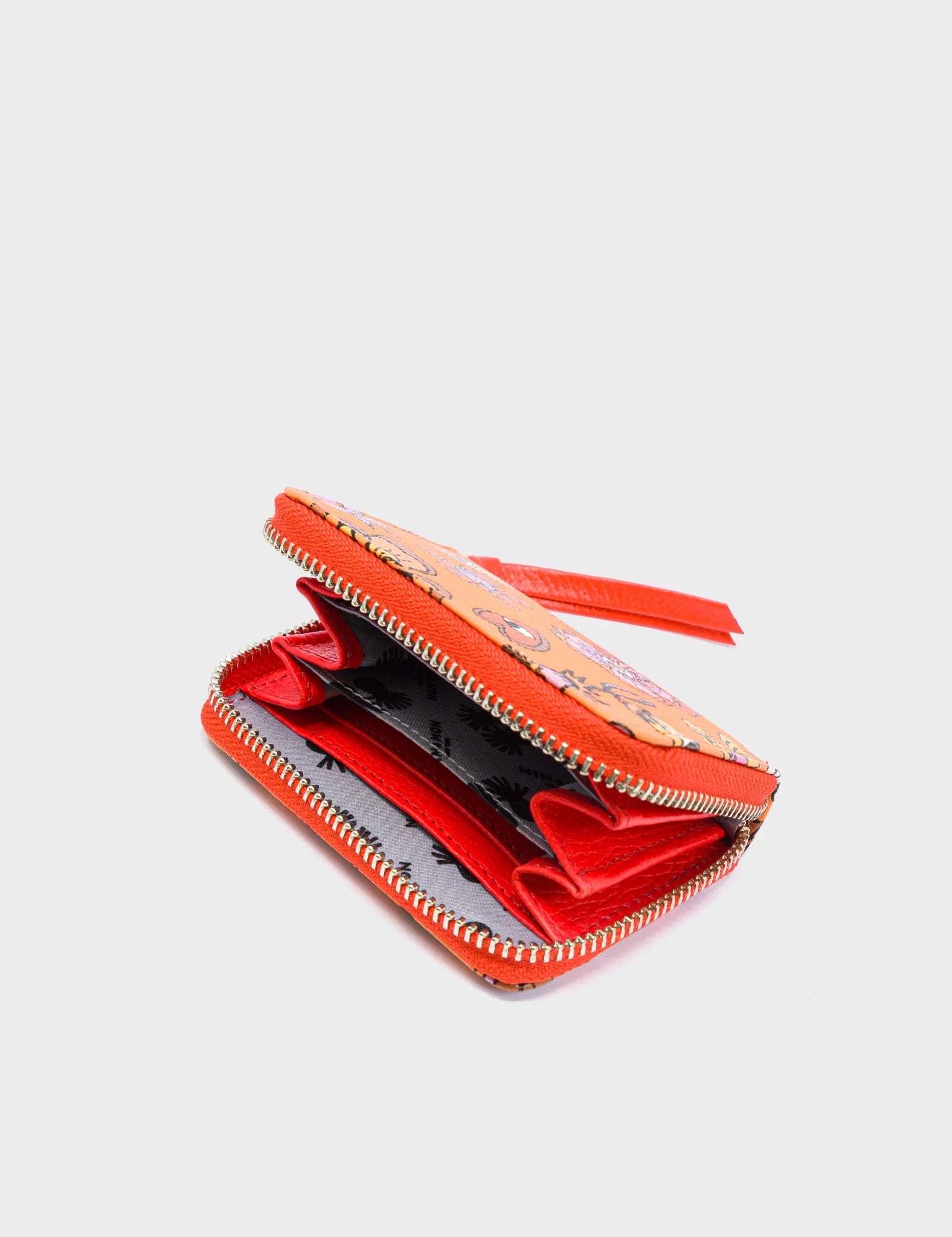 Frodo Blazing Orange Leather Zip Around Wallet - Vintage Bloom Print - Open View