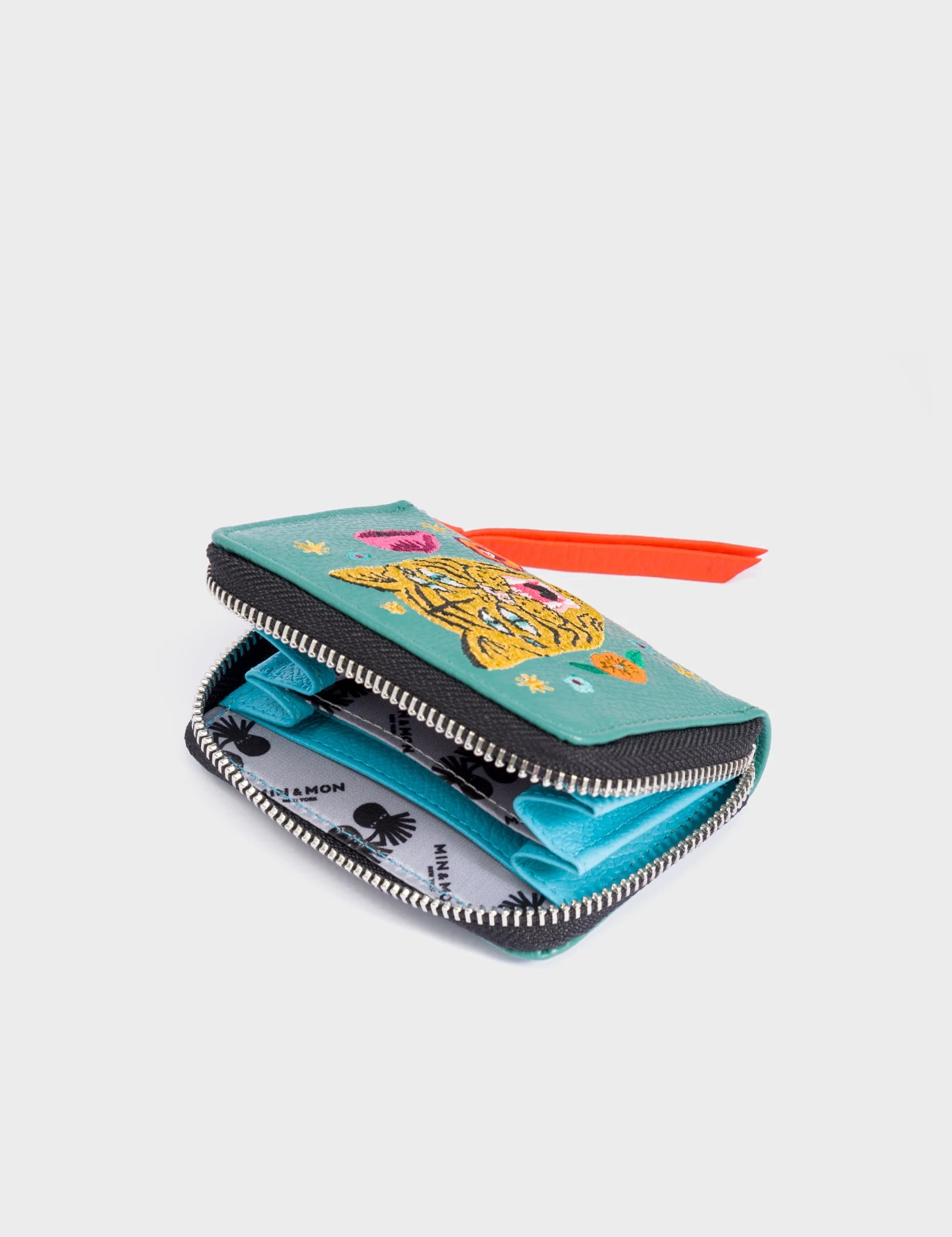 Frodo Deep Sea Green Leather Zip Around Wallet - Tiger and Flowers Embroidery - Detail View