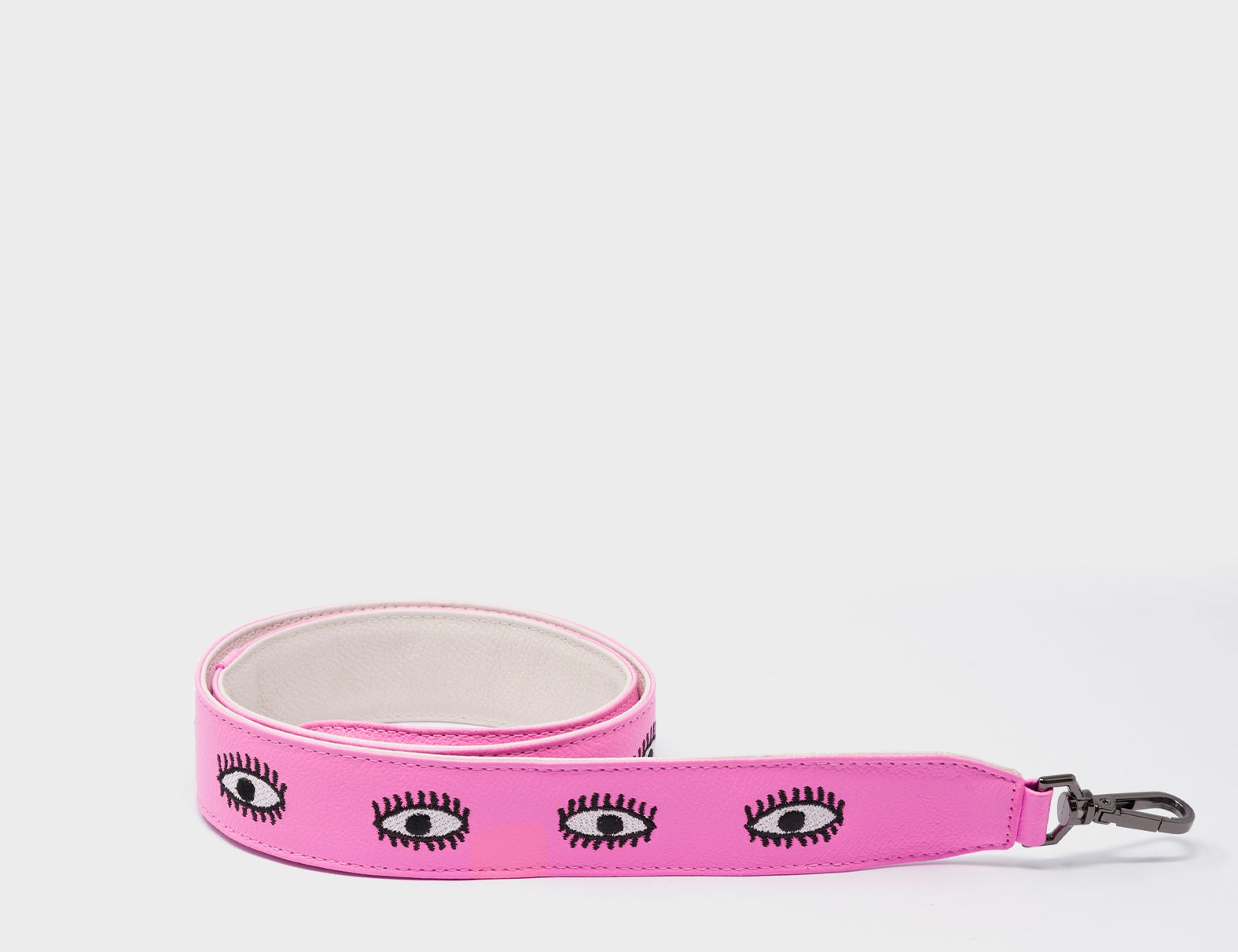 Detachable Bubblegum Pink Leather Shoulder Strap - All Over Eyes Embroidery - Product View