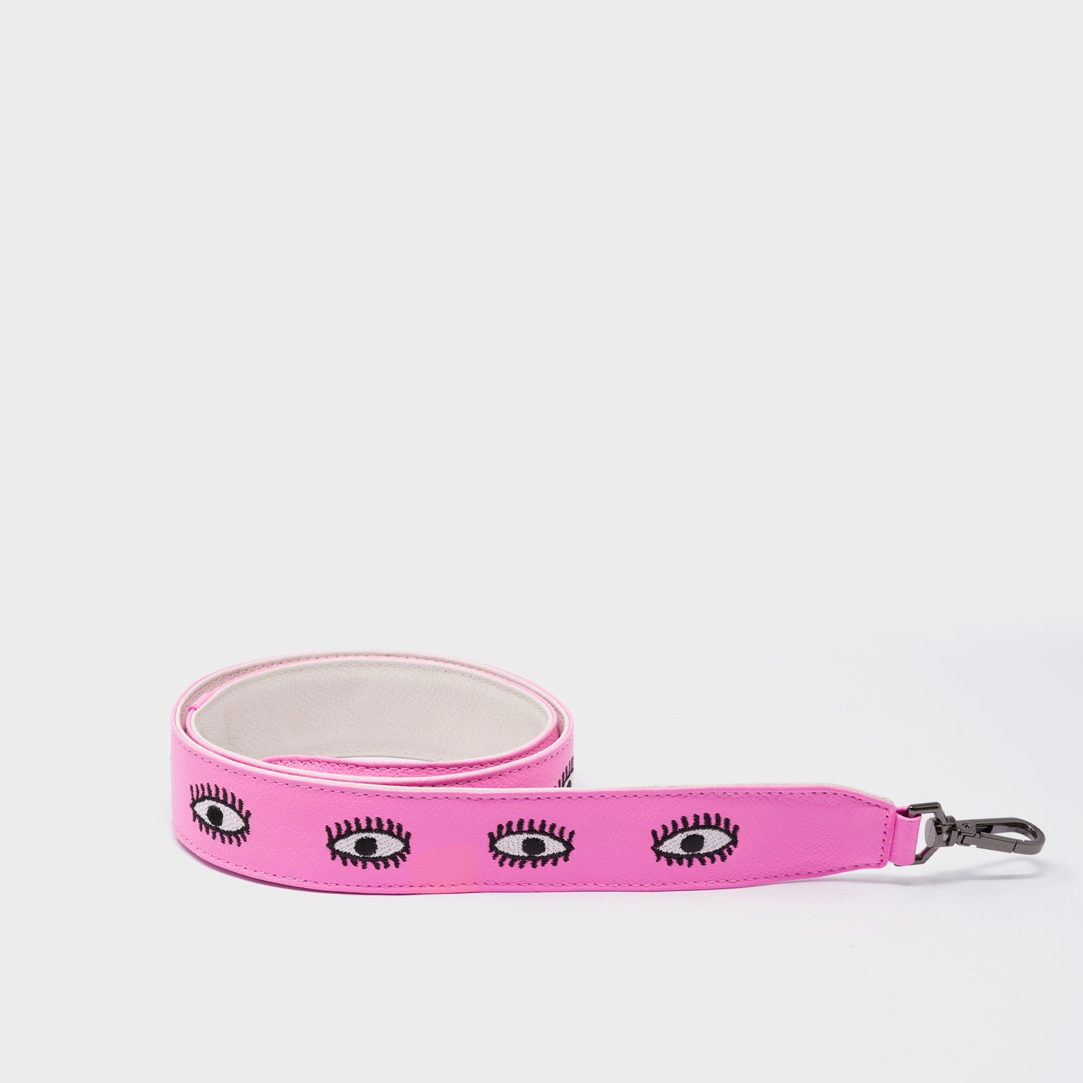 Detachable Bubblegum Pink Leather Shoulder Strap - All Over Eyes Embroidery - Product View