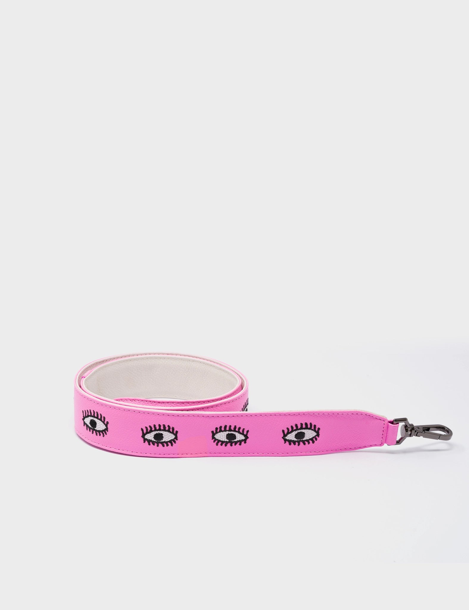 Detachable Bubblegum Pink Leather Shoulder Strap - All Over Eyes Embroidery - Product View