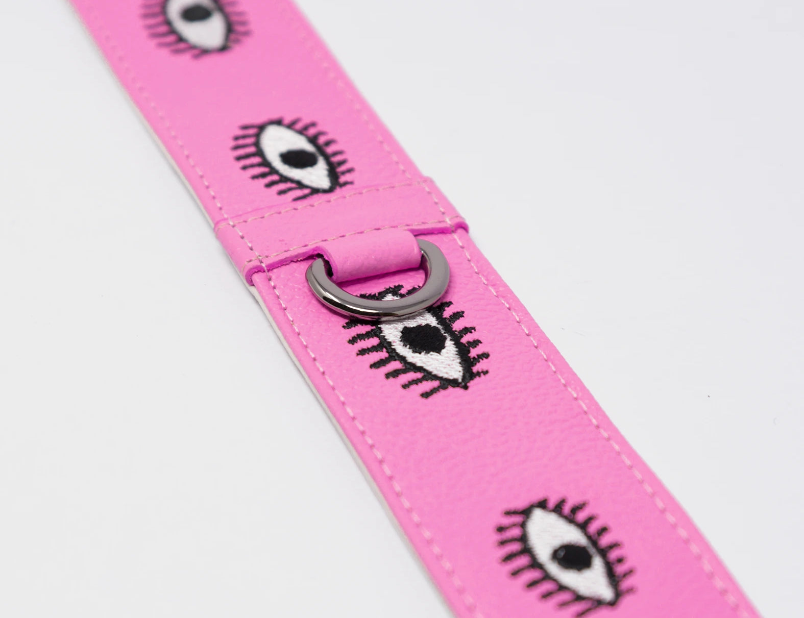 Detachable Bubblegum Pink Leather Shoulder Strap - All Over Eyes Embroidery - Detail View