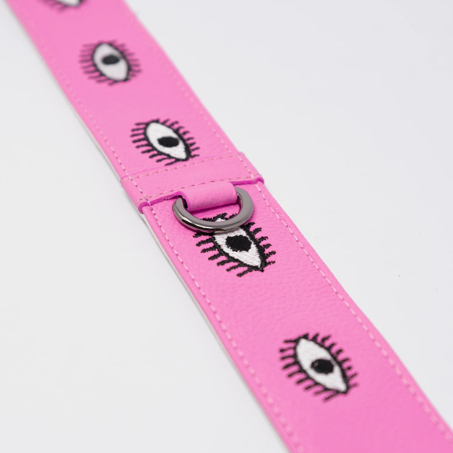 Detachable Bubblegum Pink Leather Shoulder Strap - All Over Eyes Embroidery - Detail View