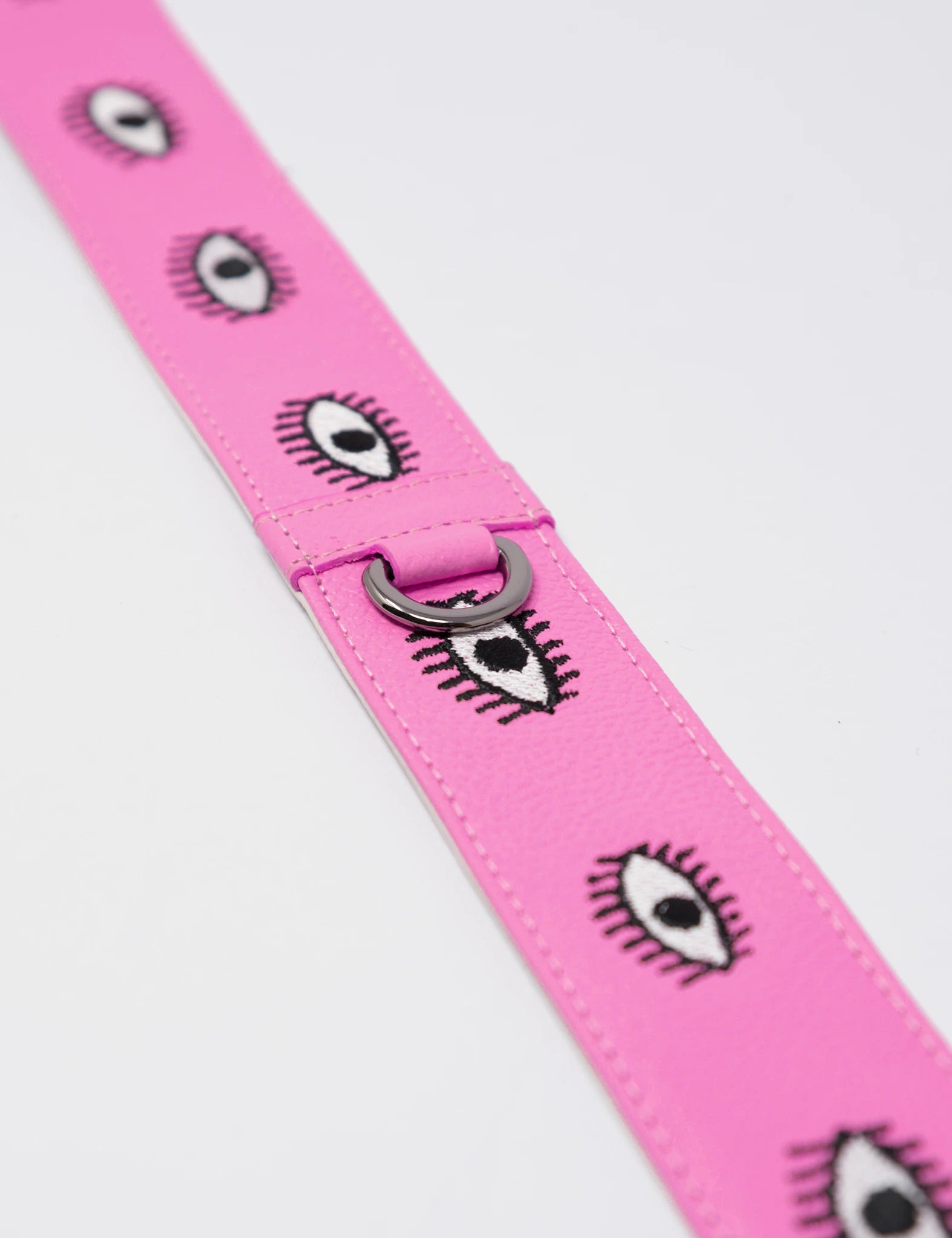 Detachable Bubblegum Pink Leather Shoulder Strap - All Over Eyes Embroidery - Detail View