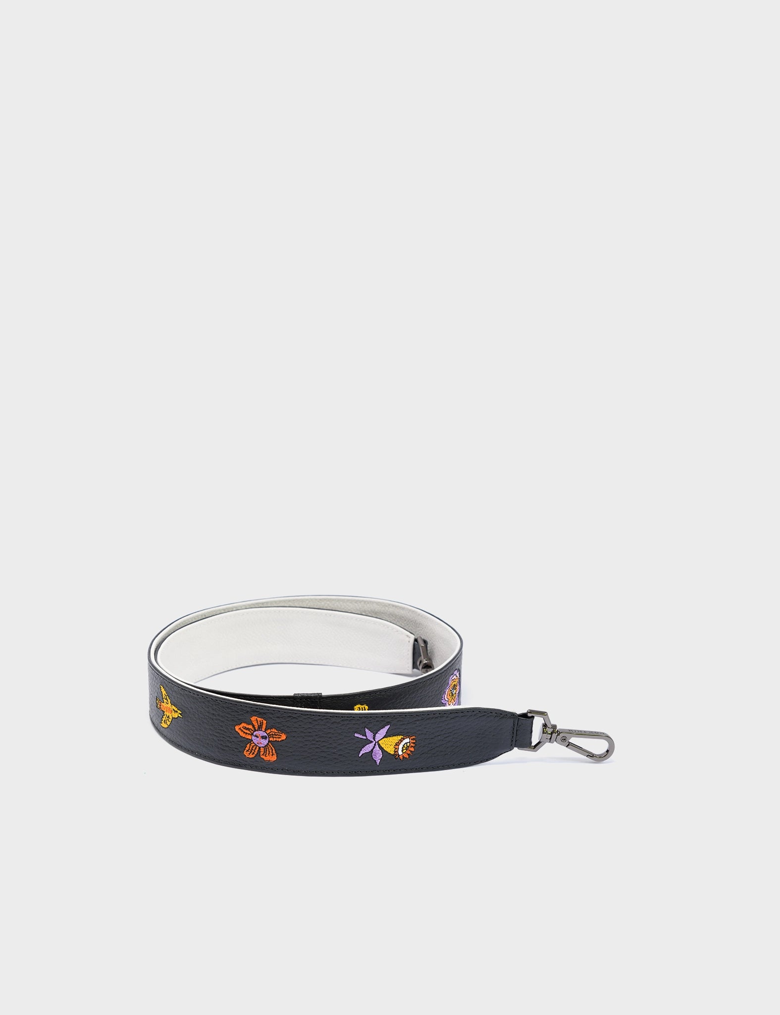 Detachable Black Leather Shoulder Strap - Vintage Bloom Embroidery - Product View