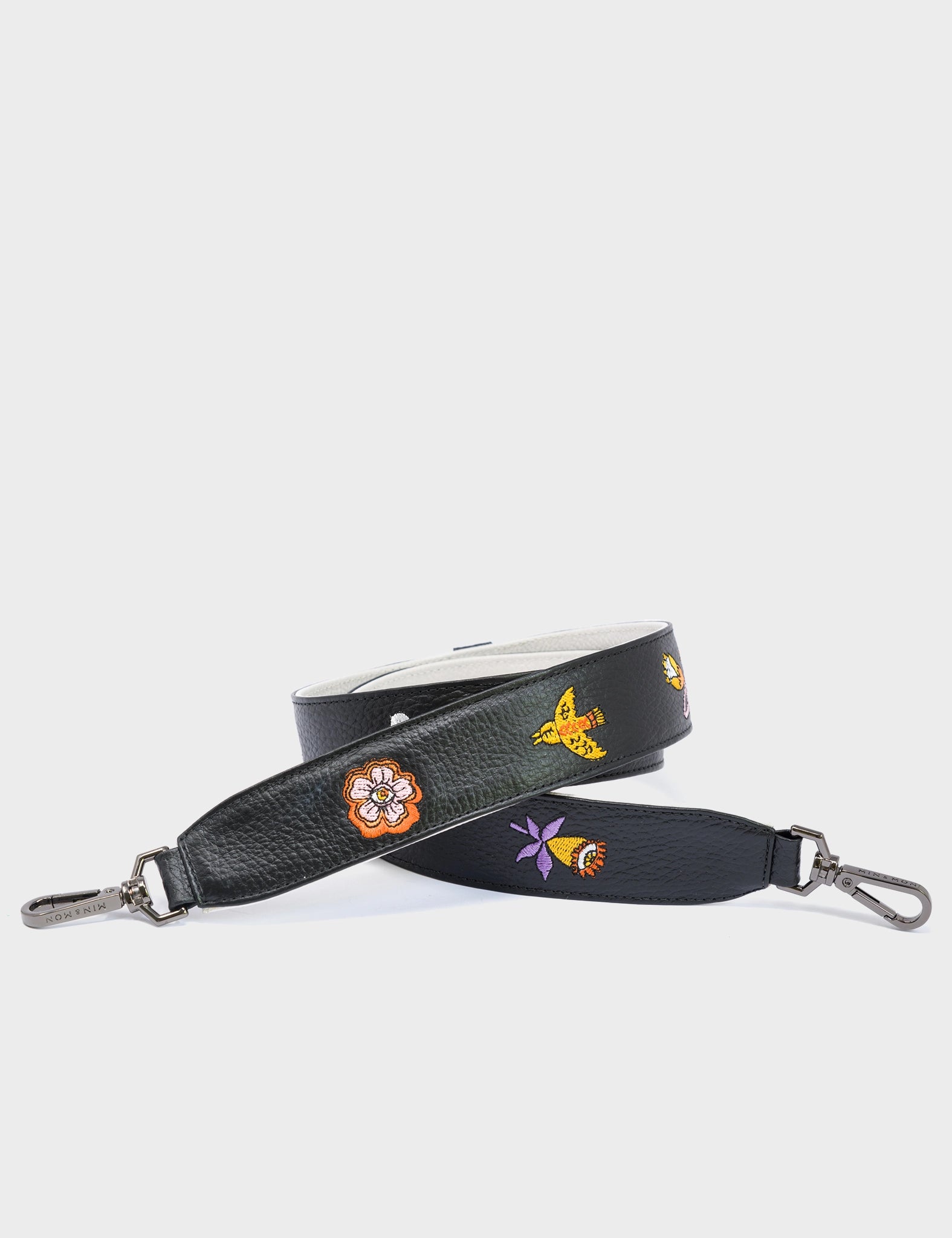 Detachable Black Leather Shoulder Strap - Vintage Bloom Embroidery - Main View