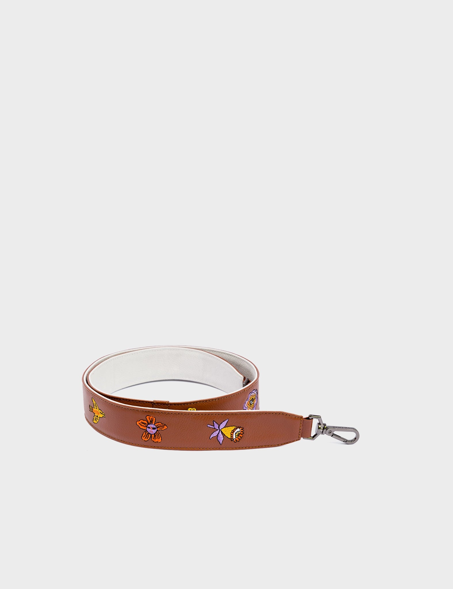 Detachable Moca Brown Leather Shoulder Strap - Vintage Bloom Embroidery - Product View