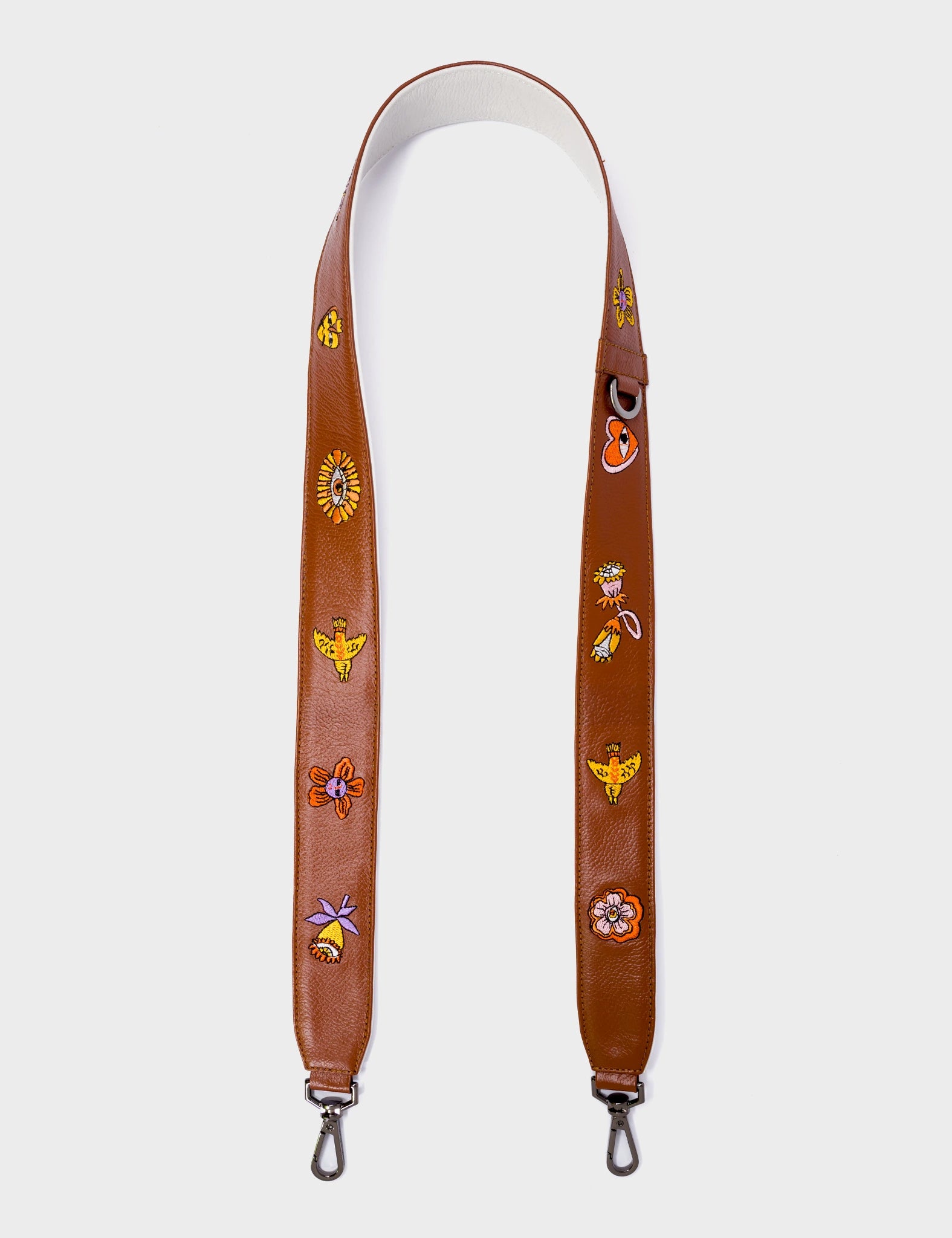 Detachable Moca Brown Leather Shoulder Strap - Vintage Bloom Embroidery - Open View