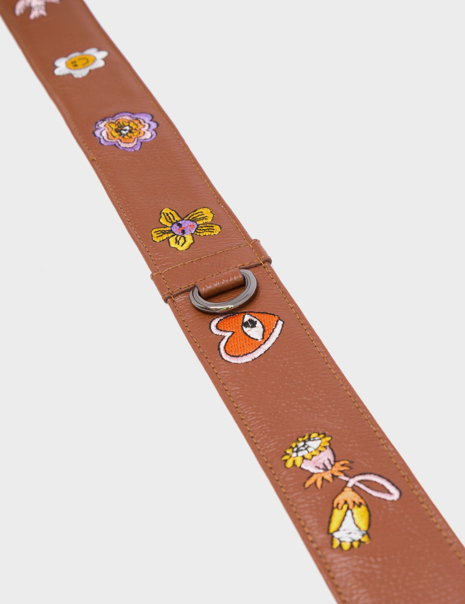 Detachable Moca Brown Leather Shoulder Strap - Vintage Bloom Embroidery - Detail View