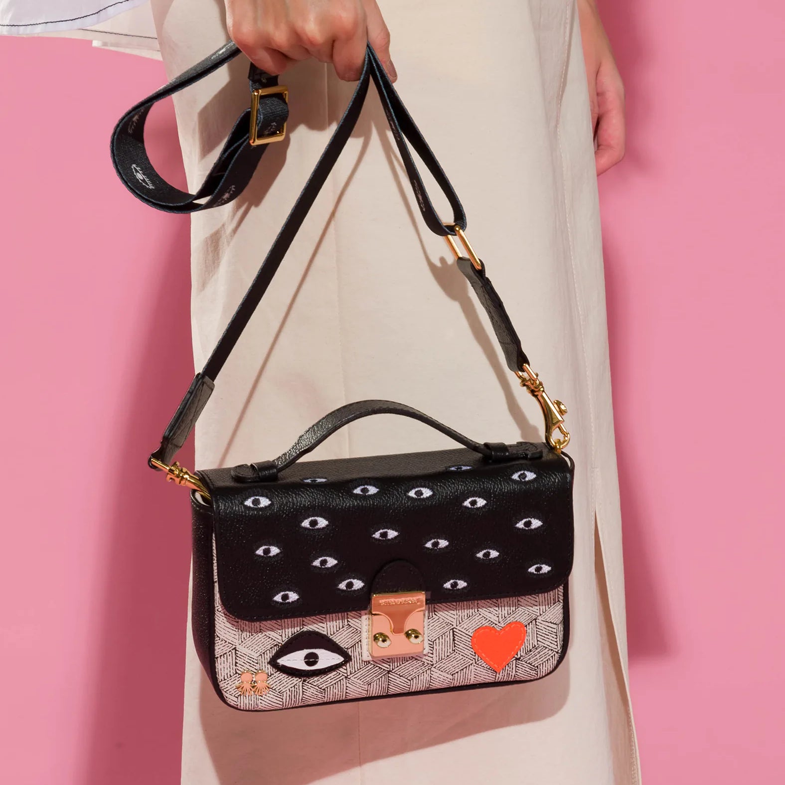 Amantis Black And Cream Leather Crossbody Mini Handbag - All Over Eyes Embroidery - Crossbody Strap View