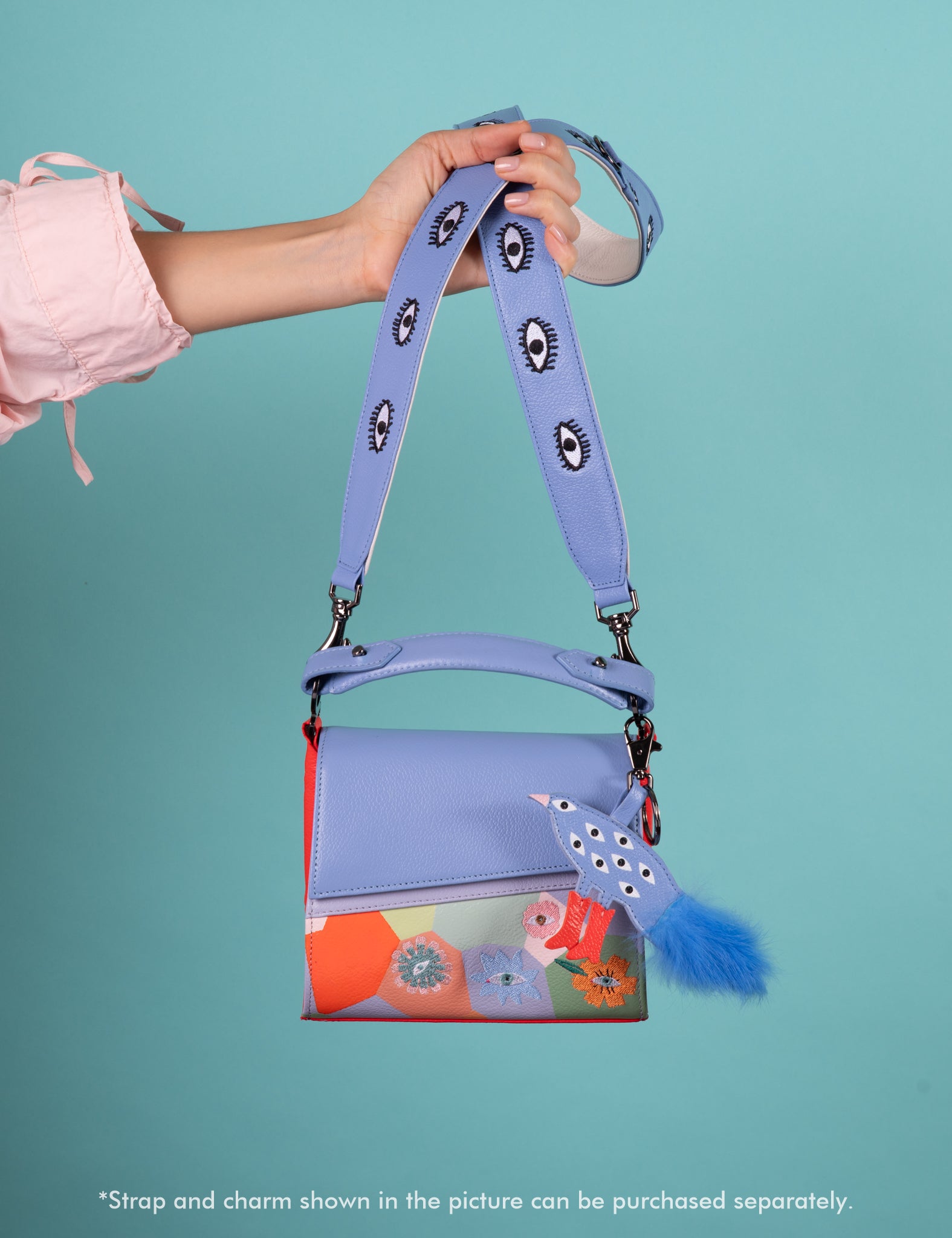 Micro Crossbody Handbag Blue and Red Leather - Camouflaged and flowers Embroidery With blue Strap Sold apart 