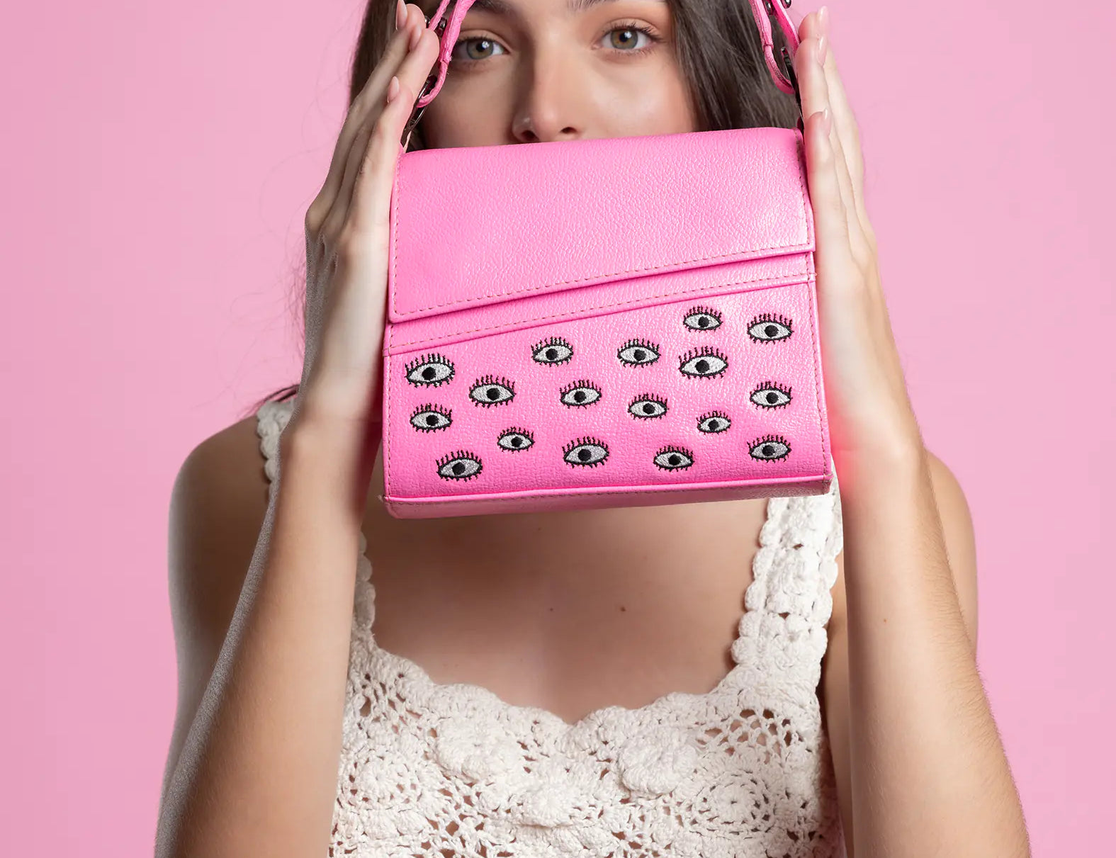 Anastasio Micro Crossbody Handbag Bubblegum Pink Leather - Eyes Embroidery - Model