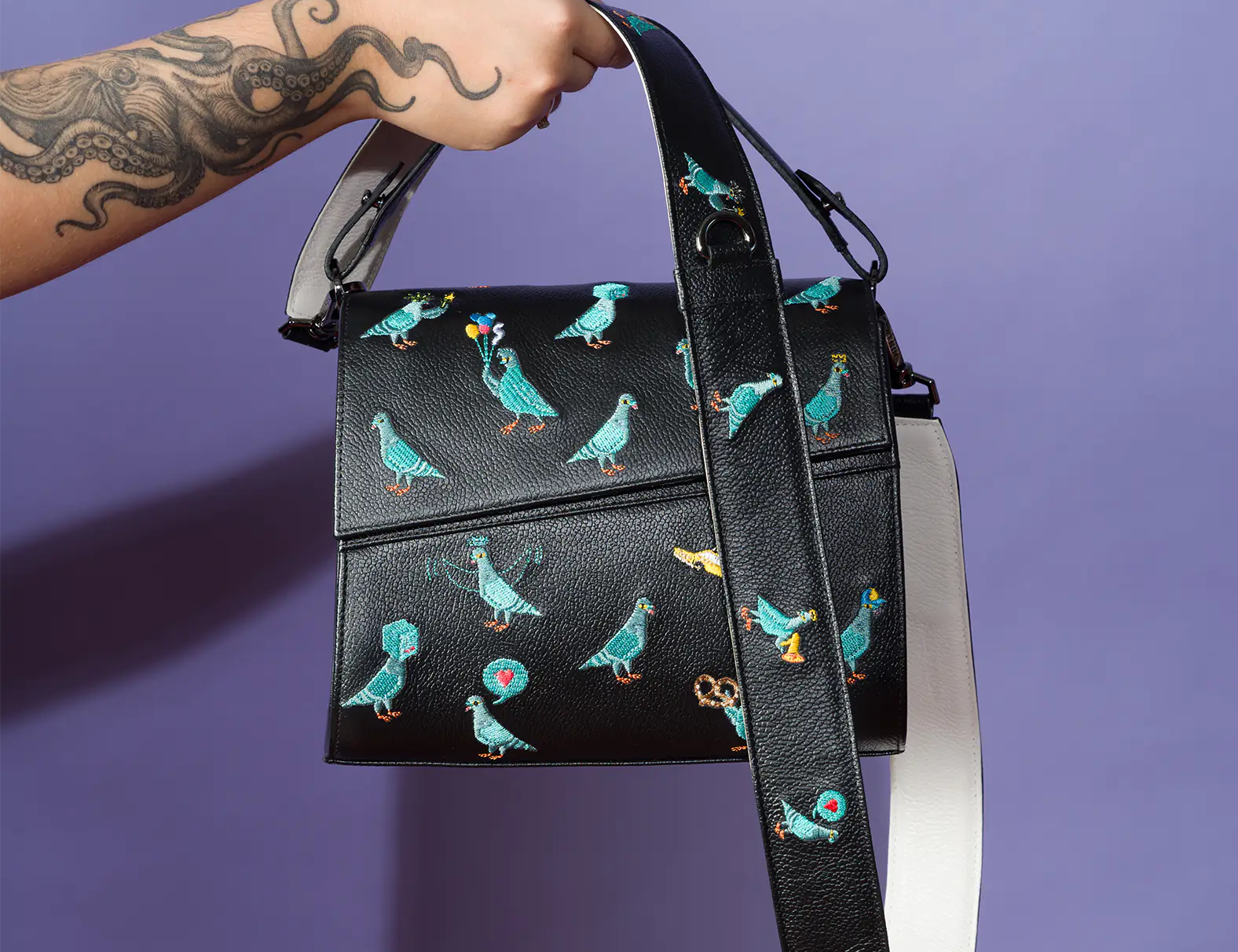 Detachable Black Leather Shoulder Strap - Pigeonista Embroidery - Styling Your Bag