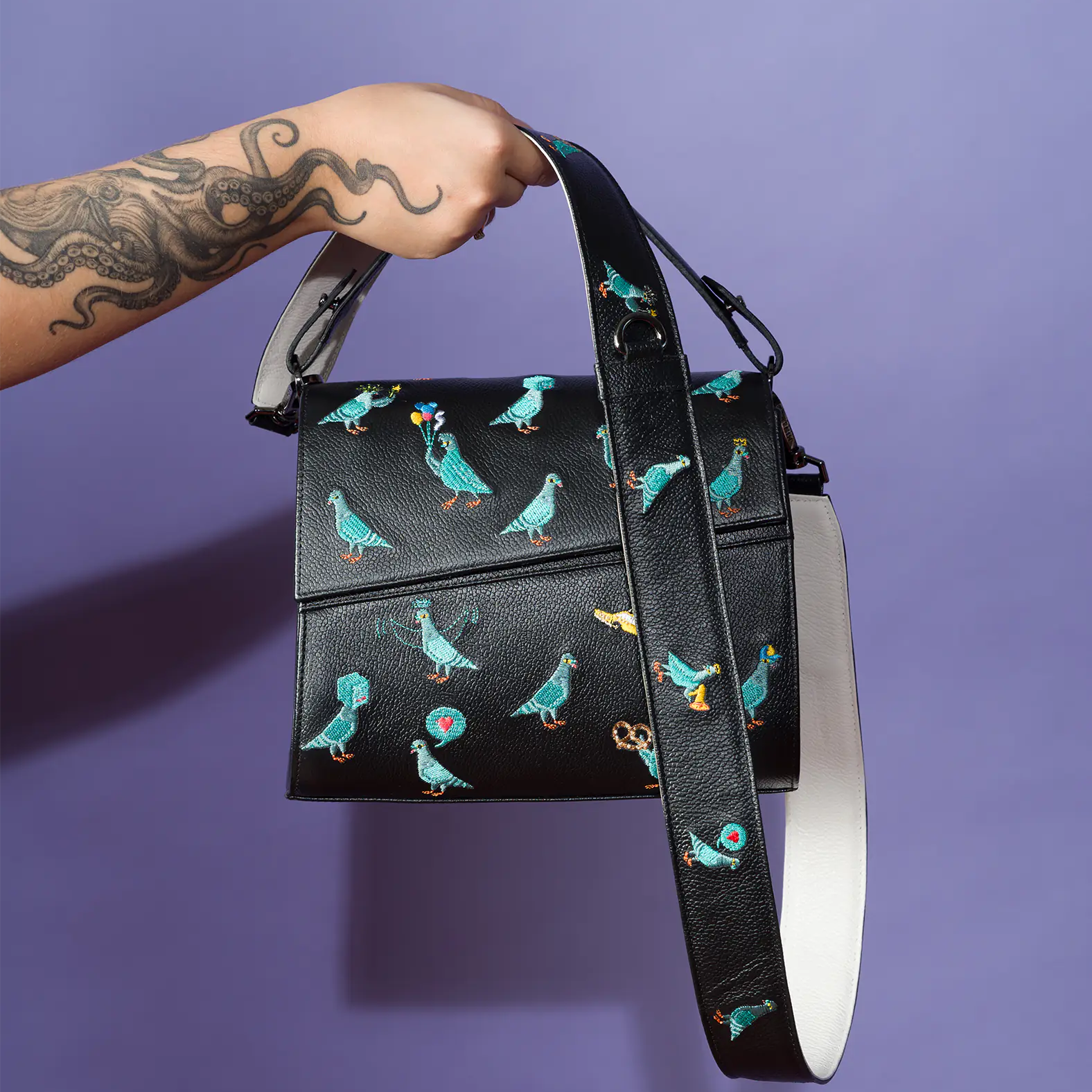 Detachable Black Leather Shoulder Strap - Pigeonista Embroidery - Styling Your Bag