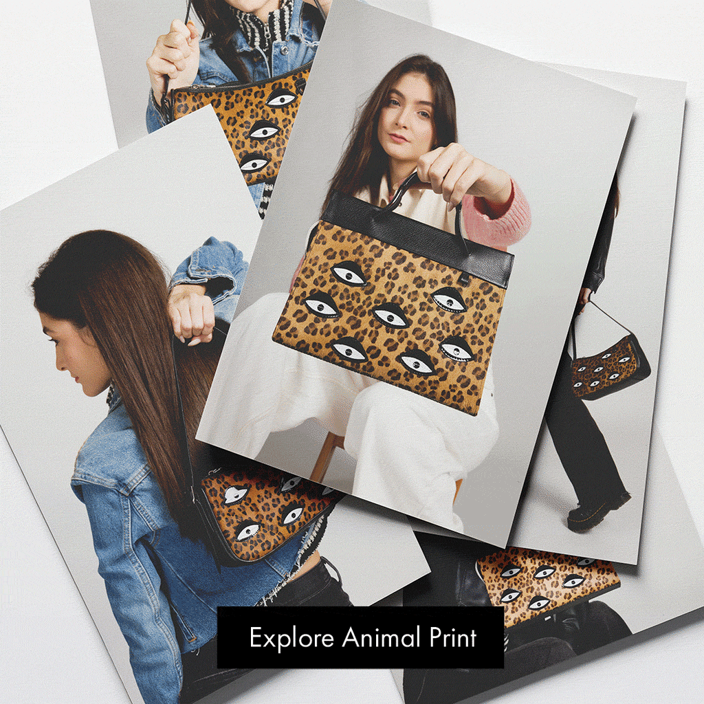 Animated collage showing models holding Min & Mon leopard-print handbags with embroidered eyes, promoting the Animal Print collection.