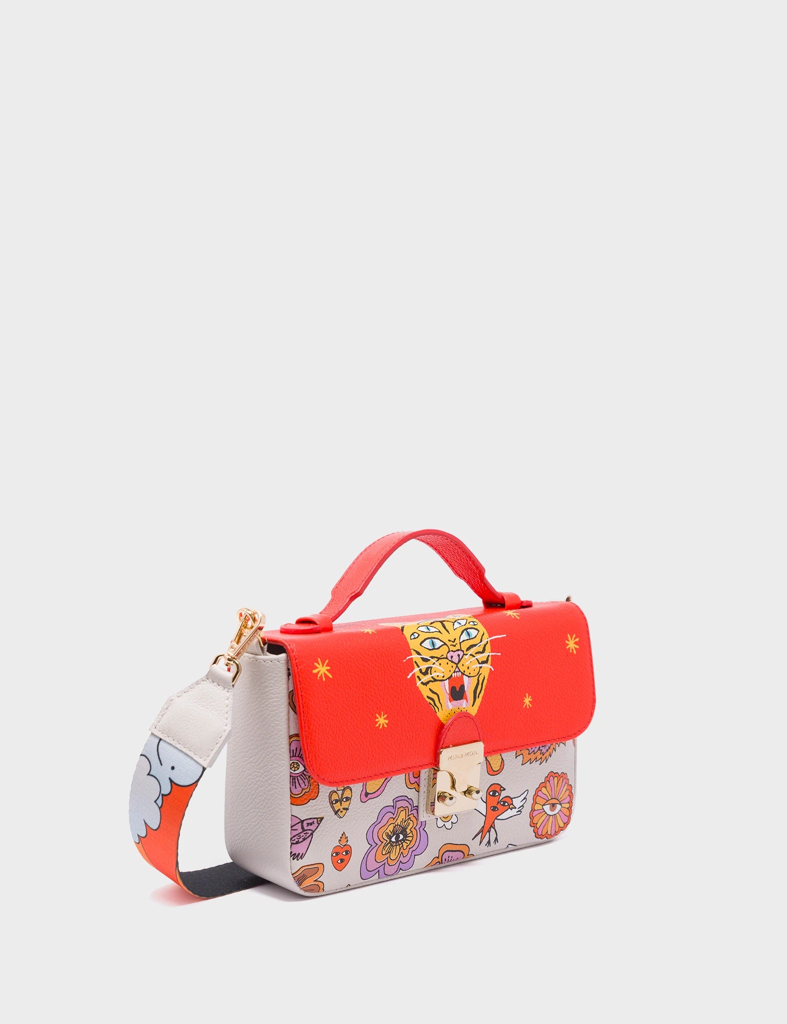 Amantis Cream and Fiesta Red Leather Crossbody Mini Handbag - Vintage Bloom Design - Main View