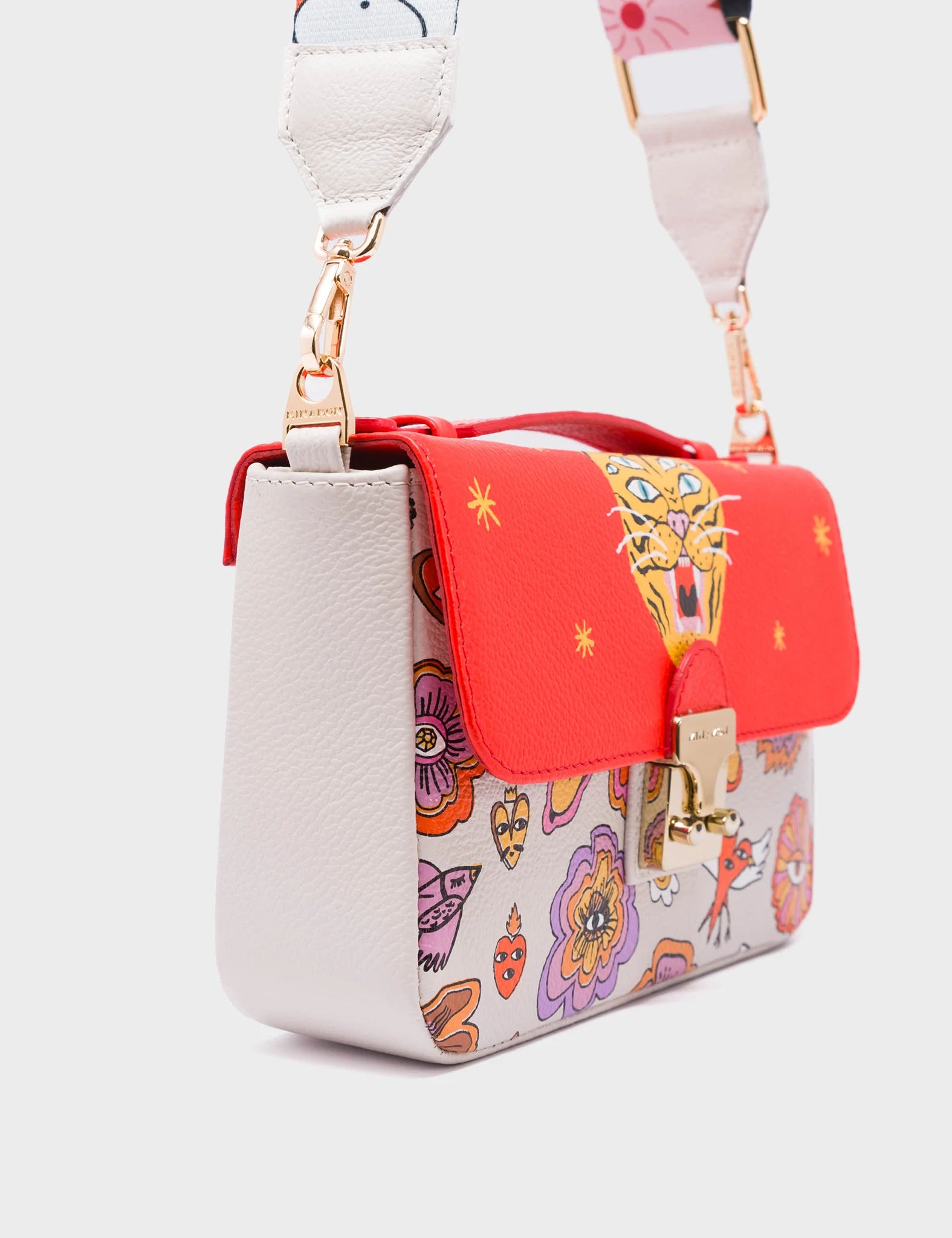 Amantis Cream and Fiesta Red Leather Crossbody Mini Handbag - Vintage Bloom Design - Side View