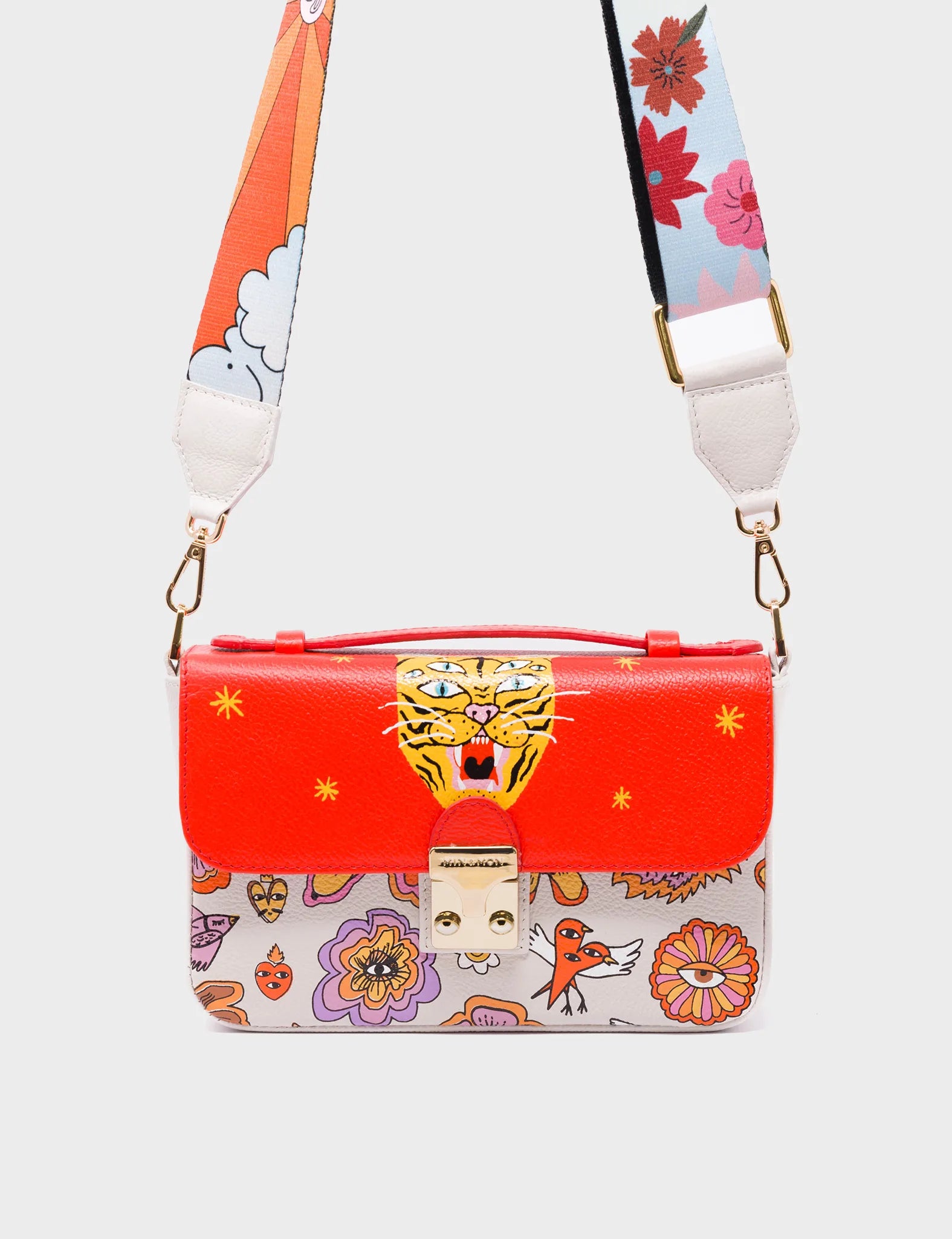 Amantis Cream and Fiesta Red Leather Crossbody Mini Handbag - Vintage Bloom Design - Strap View