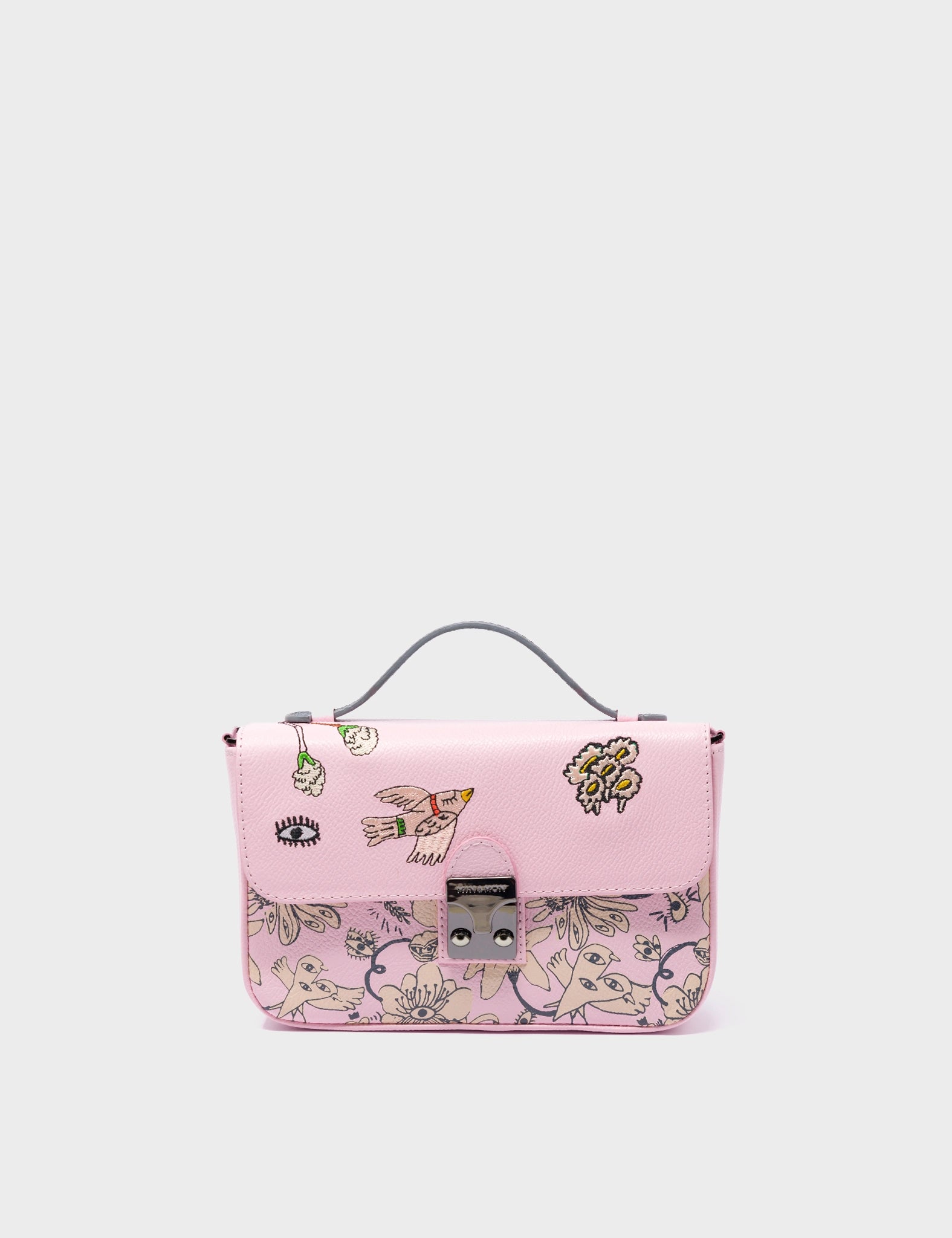 Amantis Parfait Pink Leather Crossbody Mini Handbag - Flowers Design - Front View