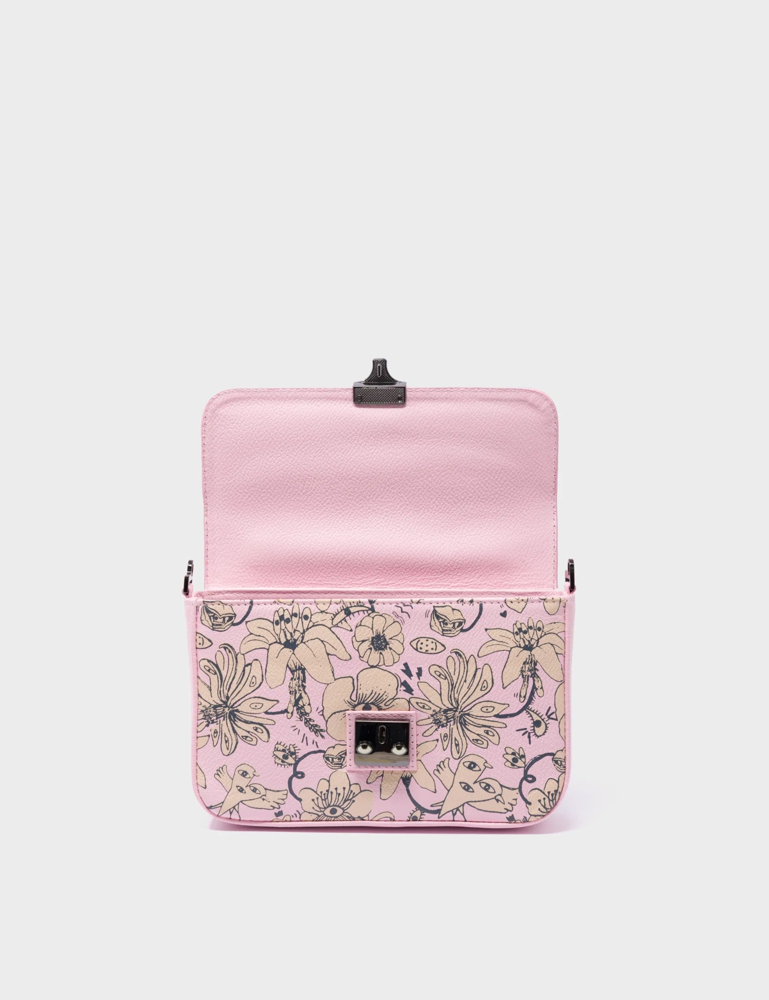 Amantis Parfait Pink Leather Crossbody Mini Handbag - Flowers Design - Open Front View