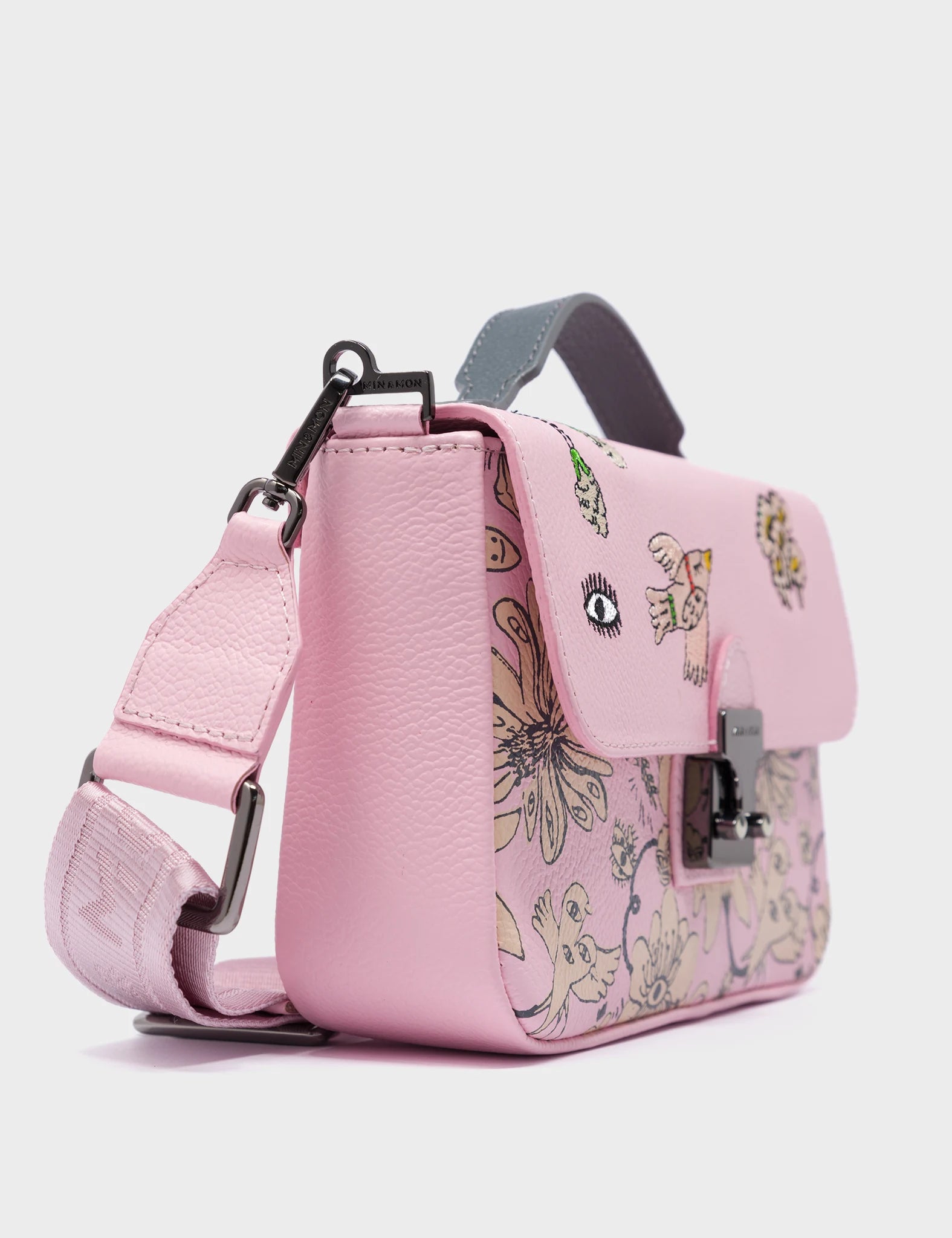 Amantis Parfait Pink Leather Crossbody Mini Handbag - Flowers Design - Side View